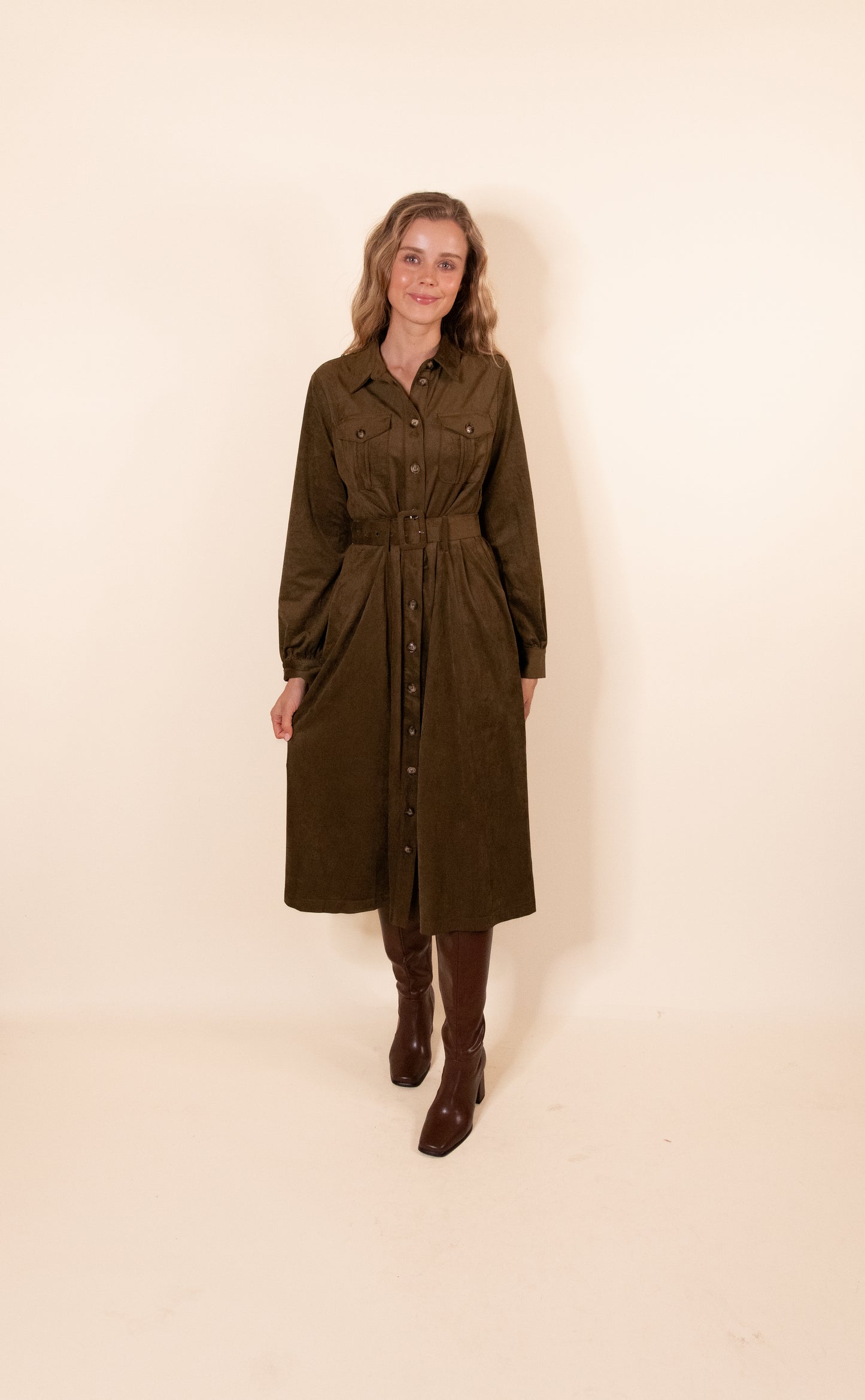 The Margot Suede Belted Shirt Dress in Olive