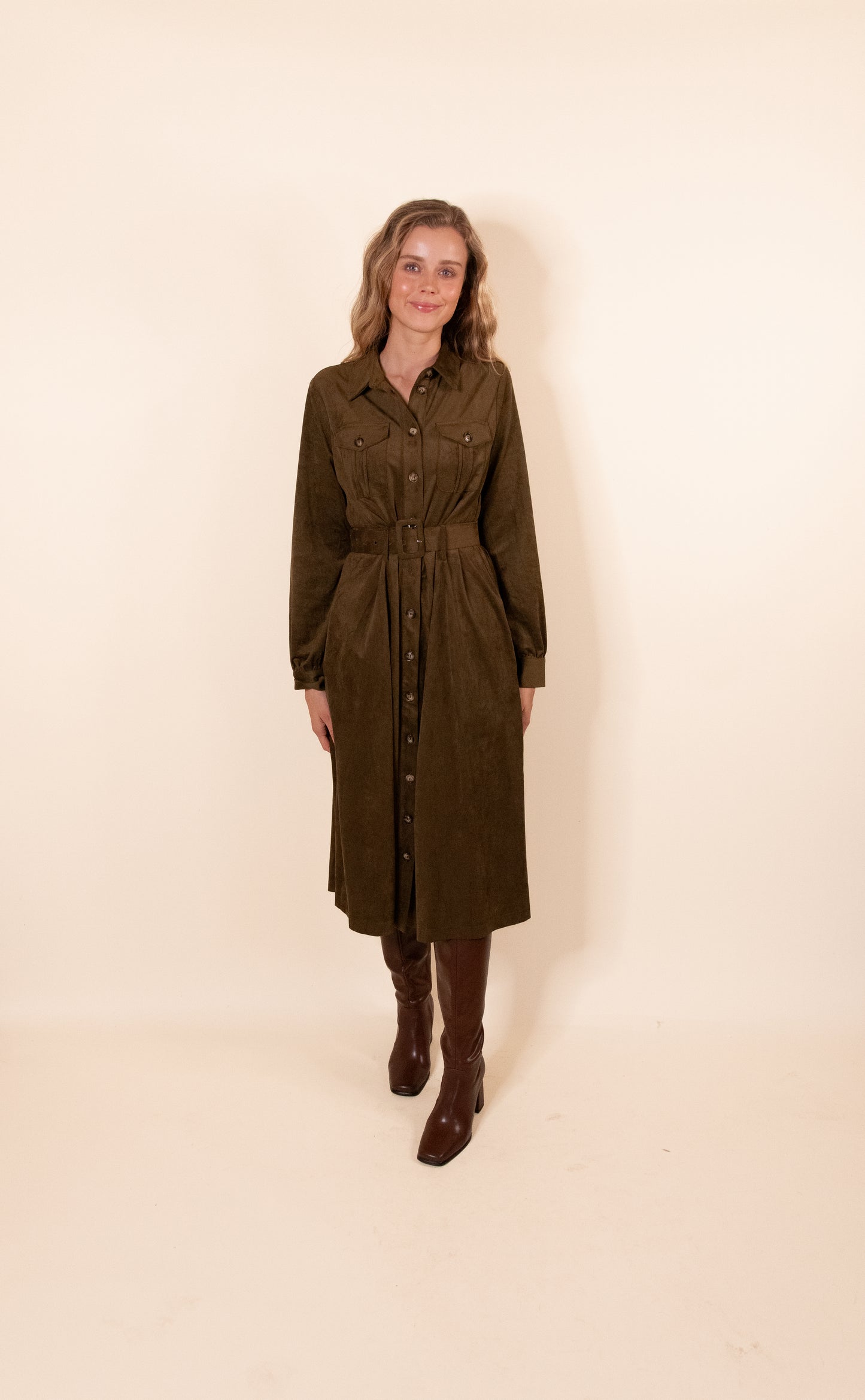 The Margot Suede Belted Shirt Dress in Olive