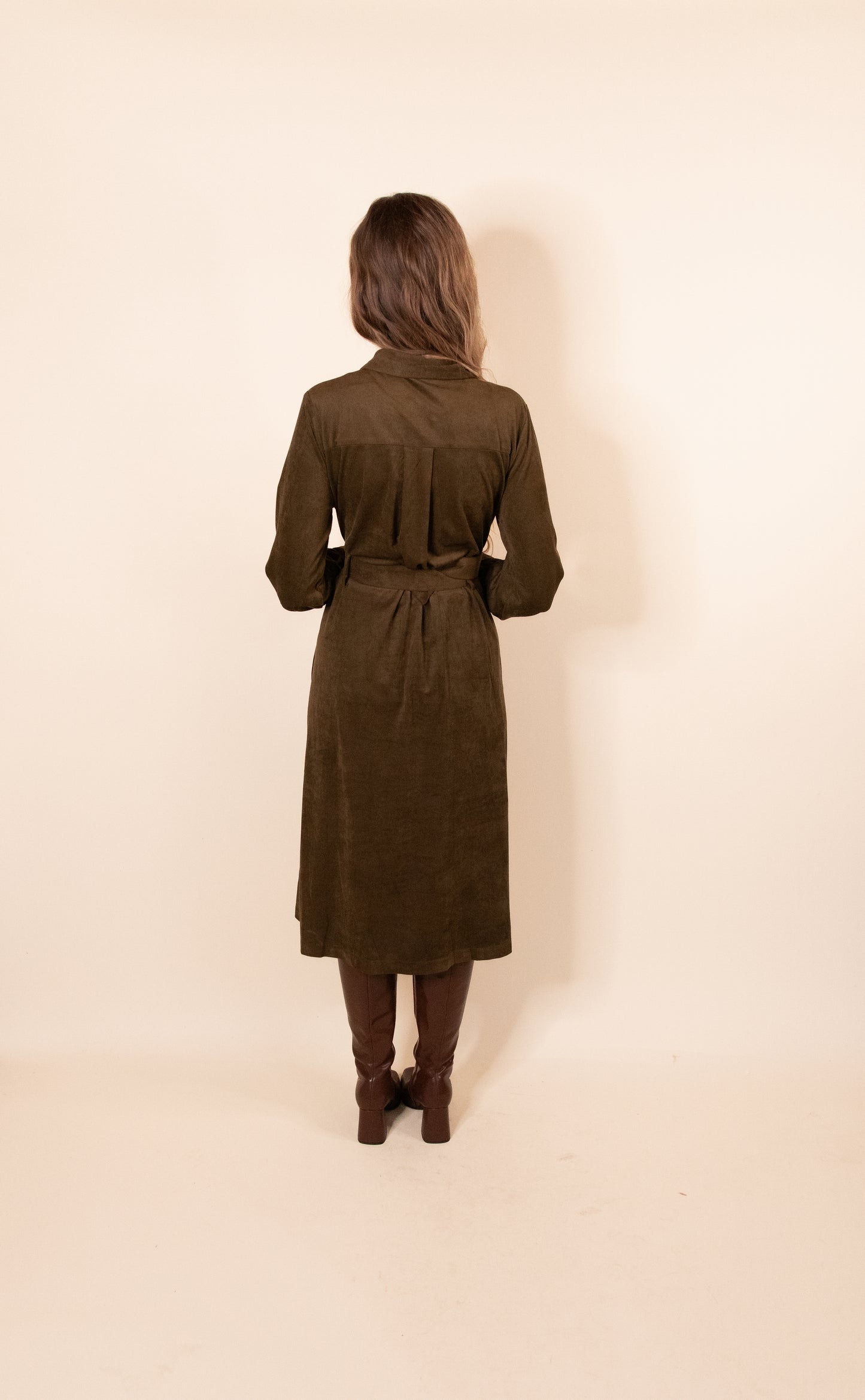 The Margot Suede Belted Shirt Dress in Olive