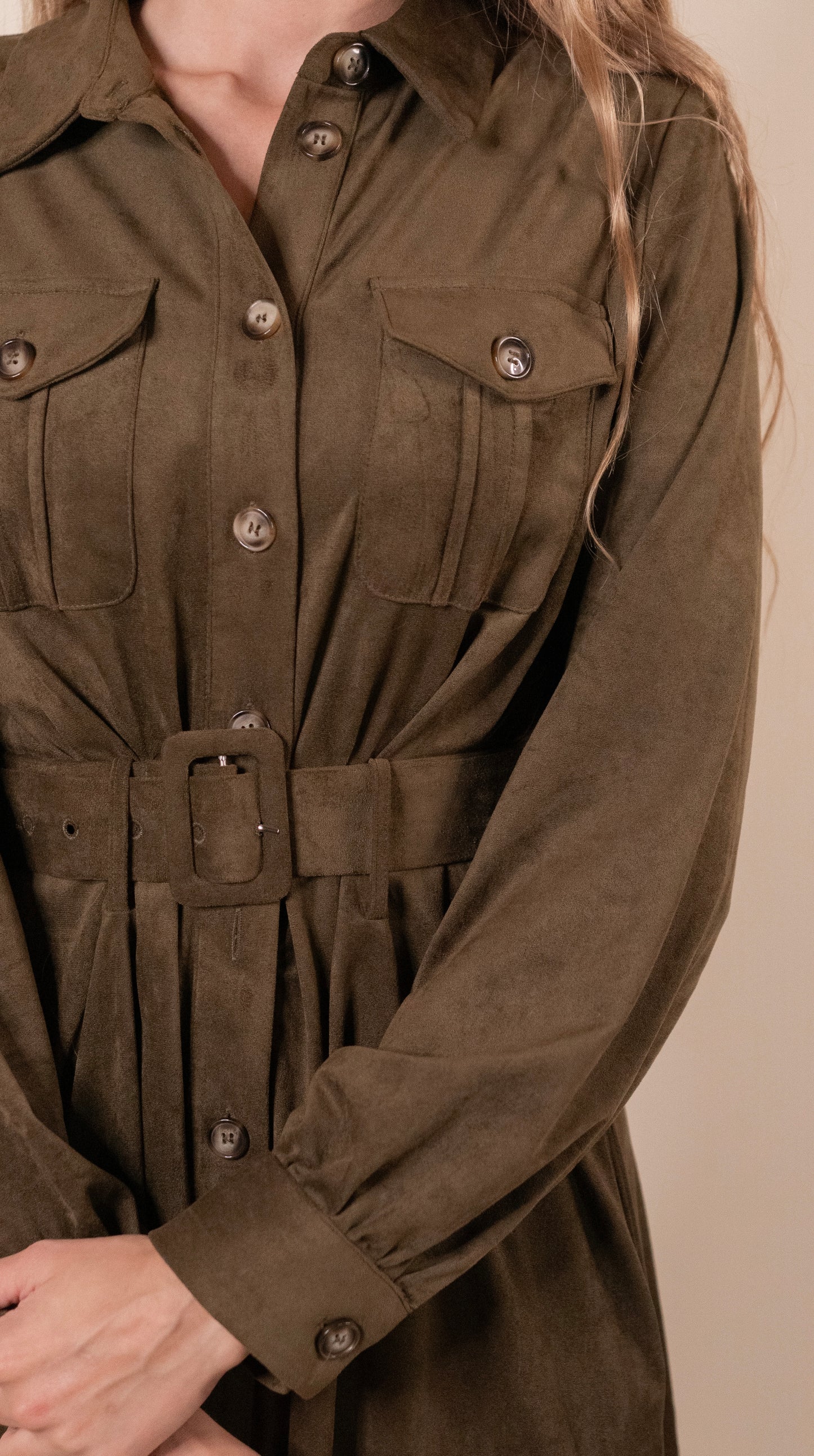The Margot Suede Belted Shirt Dress in Olive