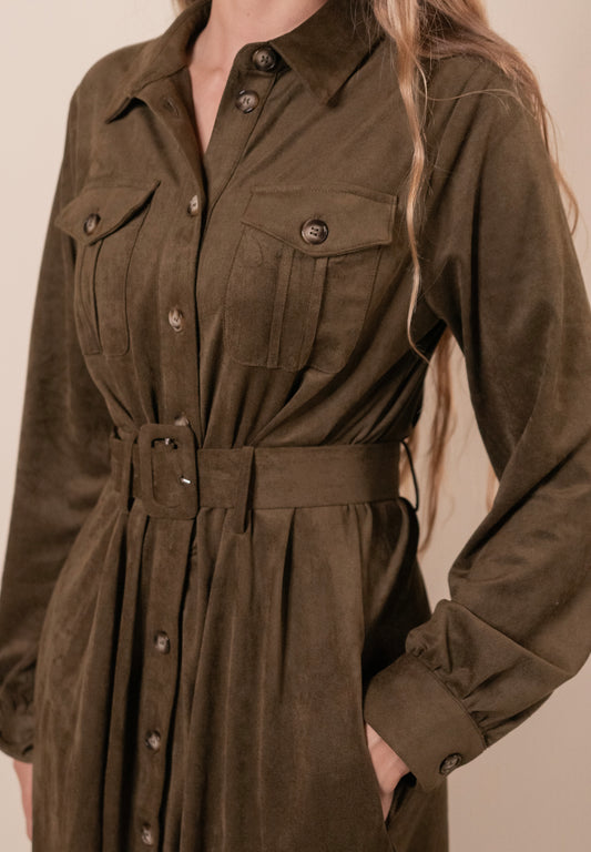 The Margot Suede Belted Shirt Dress in Olive