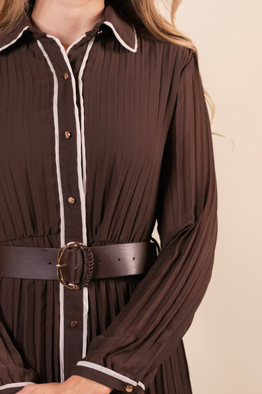 The Nina Pleated Chiffon Dress in Brown