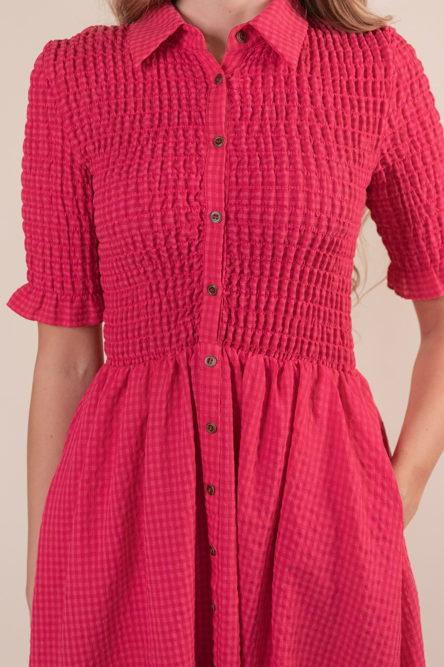 The Valentine Smocked Dress in Hot Pink Gingham