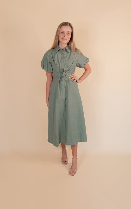 The Kacie Tie Waist Cotton Dress in Olive