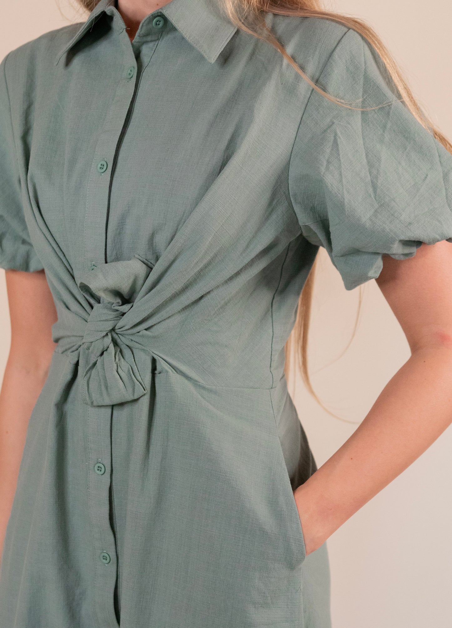 The Kacie Tie Waist Cotton Dress in Olive