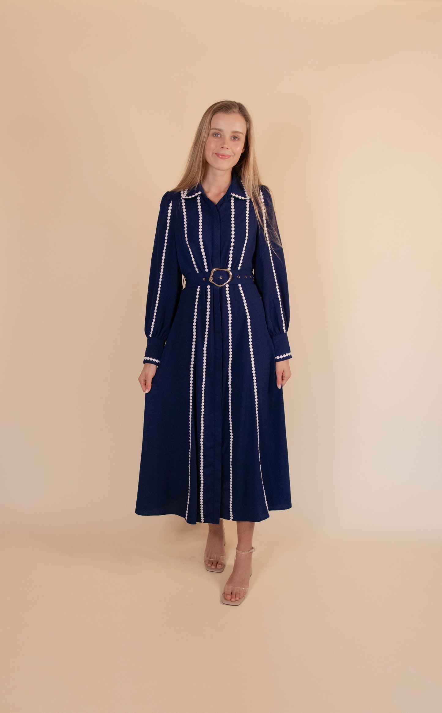 RESTOCKED - The Allison Scalloped Shirt Dress in Navy