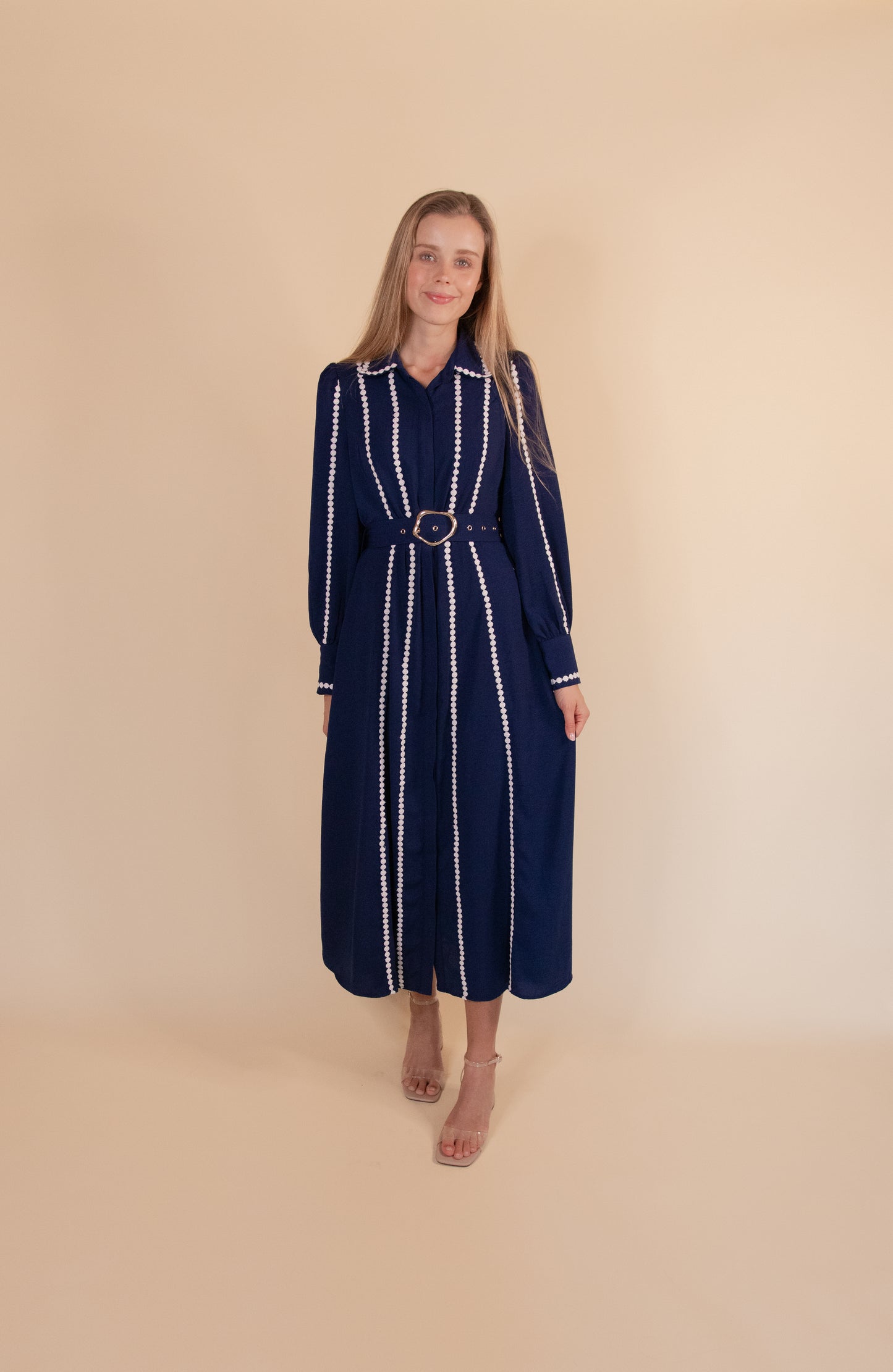 RESTOCKED - The Allison Scalloped Shirt Dress in Navy