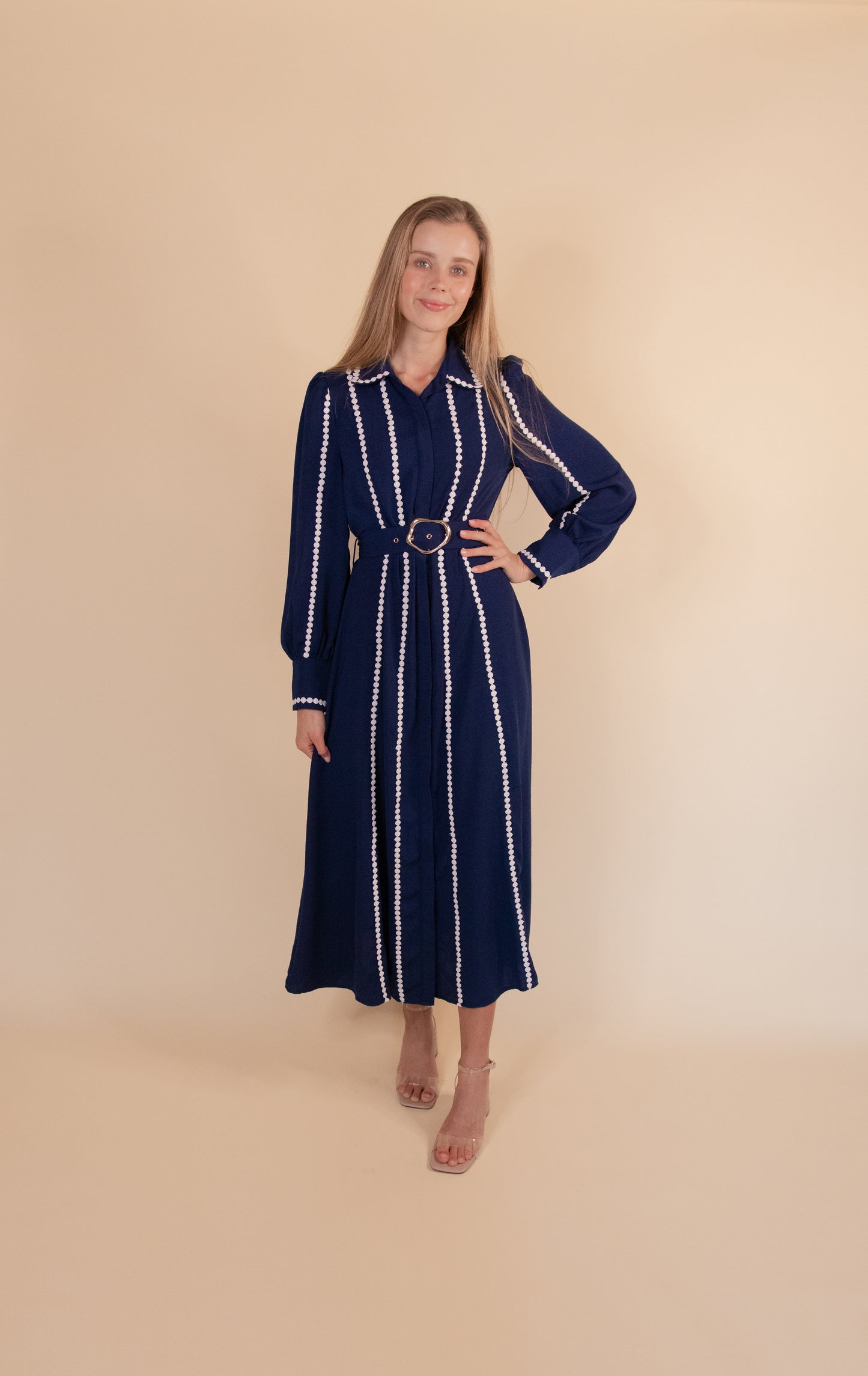 RESTOCKED - The Allison Scalloped Shirt Dress in Navy