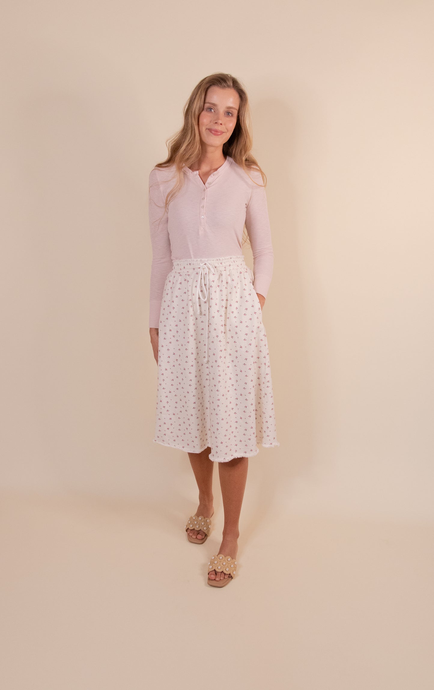 The Annie Denim Skirt in Cream Floral