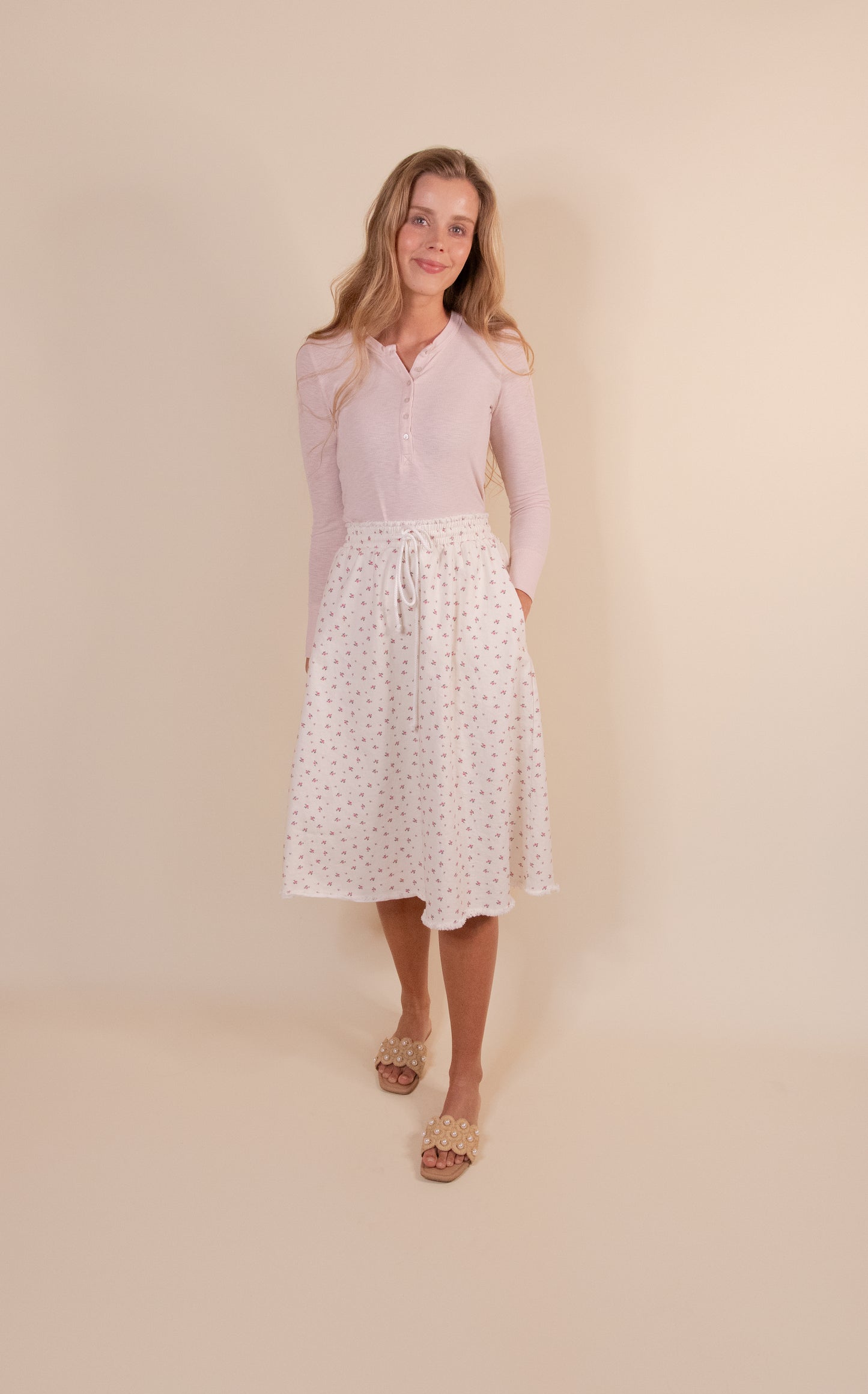 The Annie Denim Skirt in Cream Floral