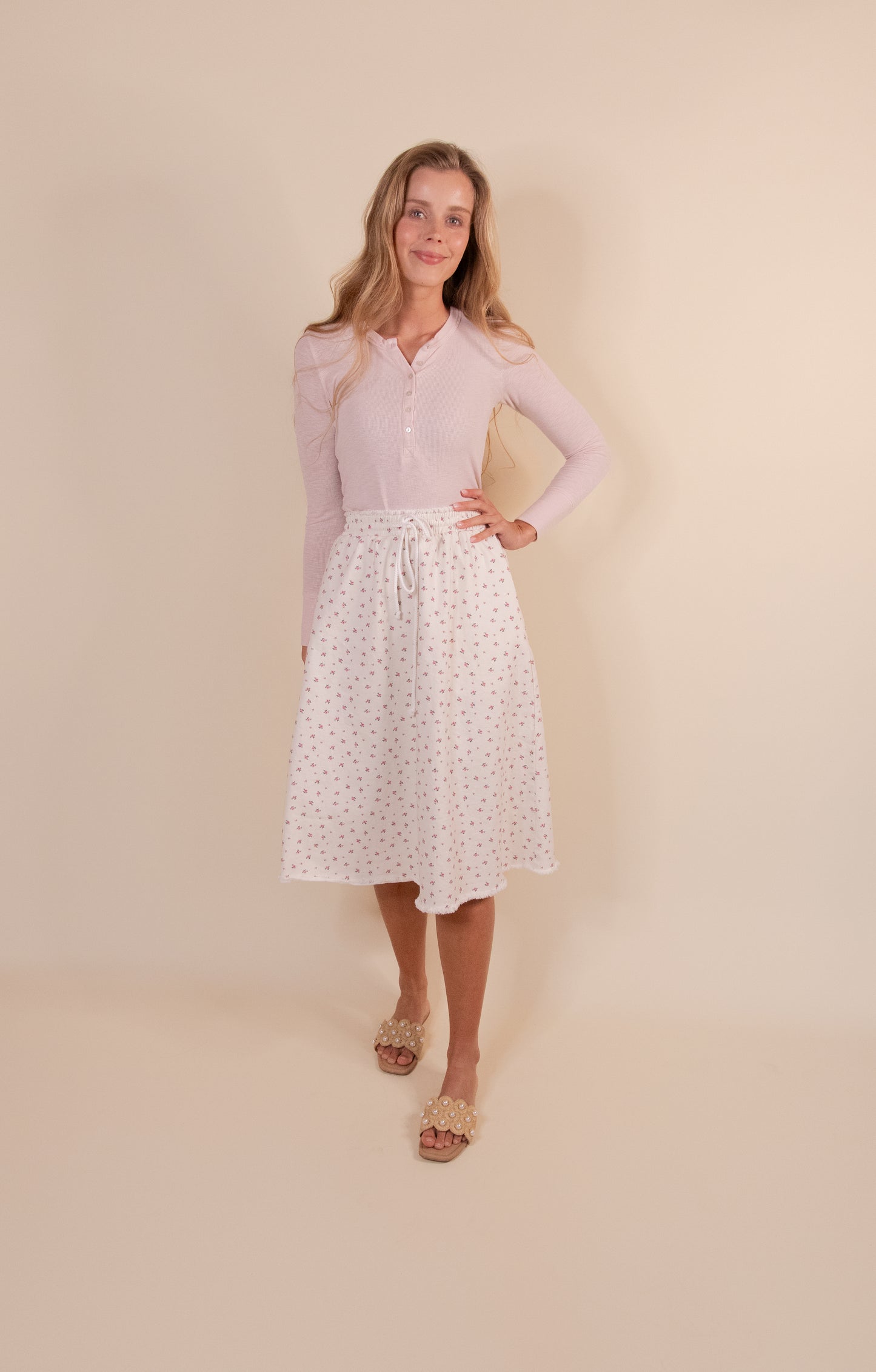 The Annie Denim Skirt in Cream Floral