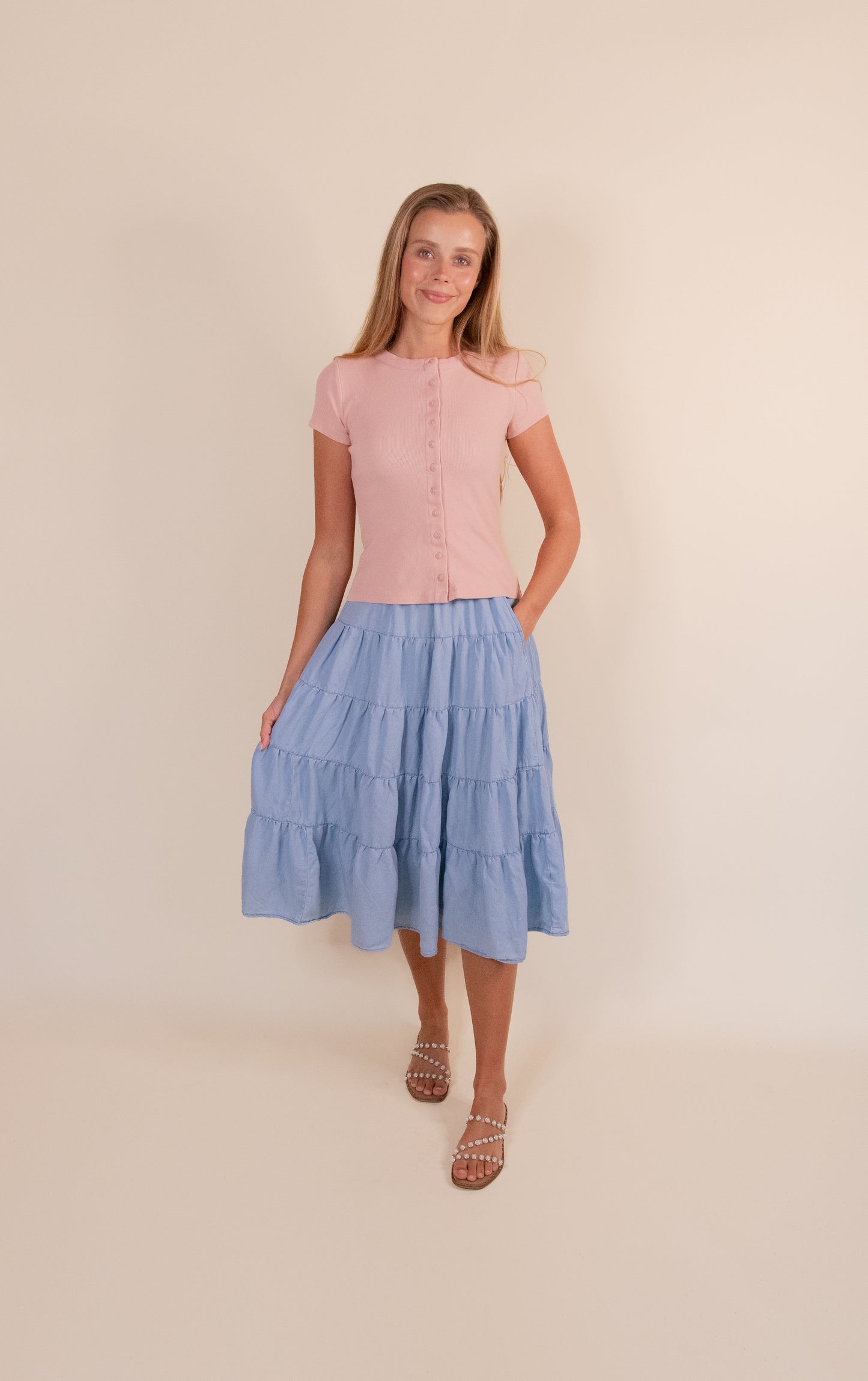 The Kenna Tiered Midi Skirt in Light Denim