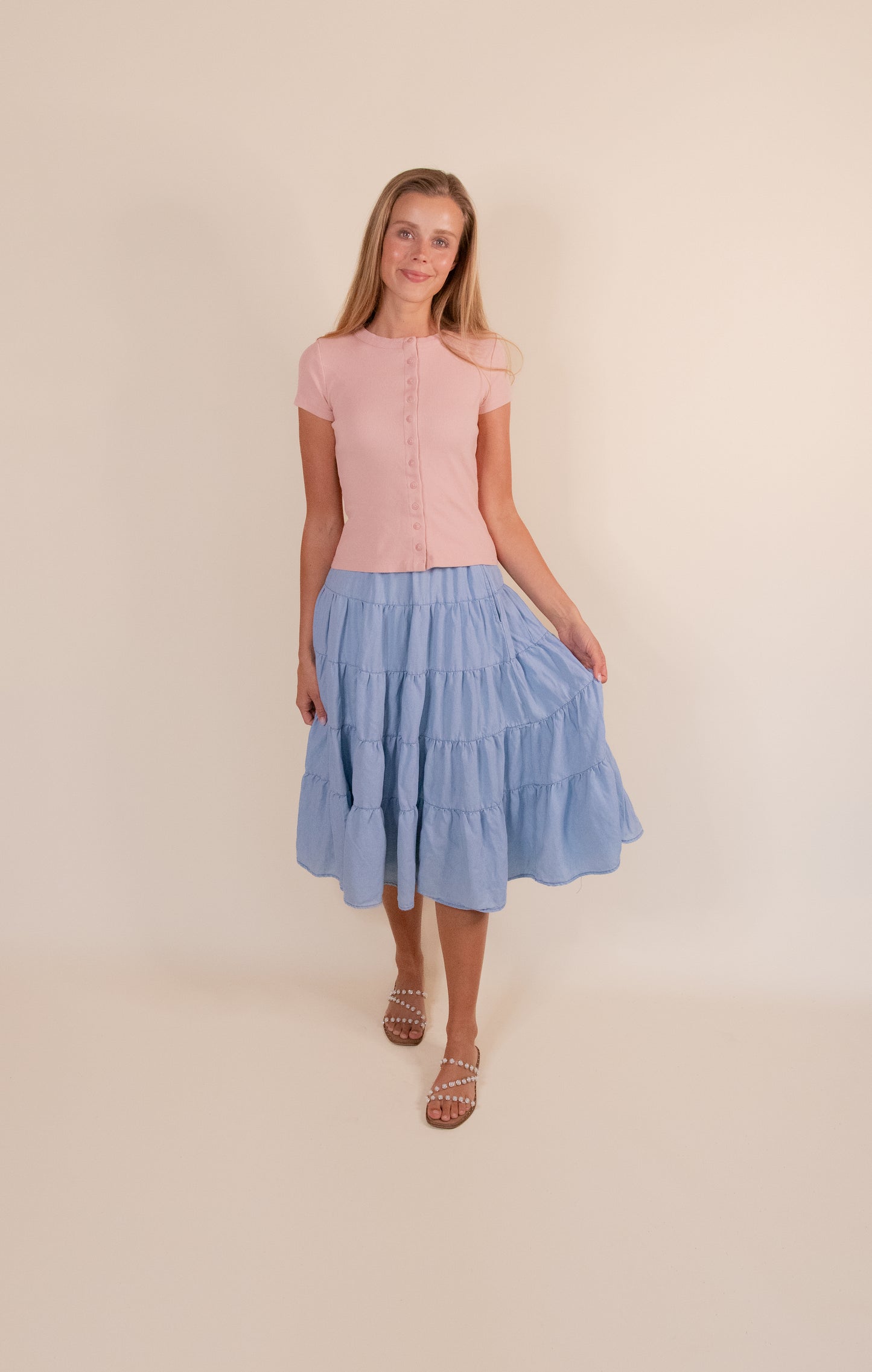 The Kenna Tiered Midi Skirt in Light Denim