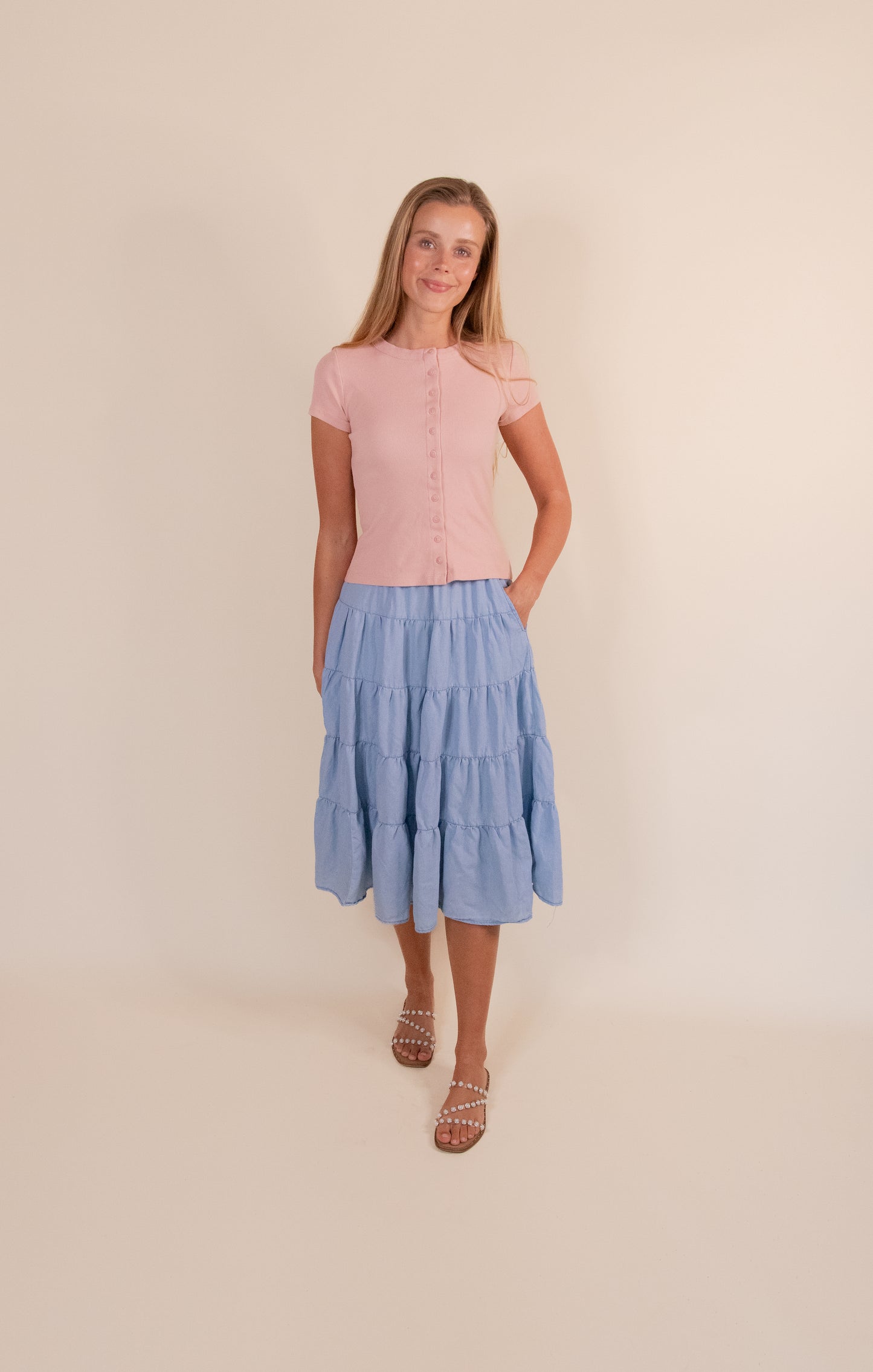 The Kenna Tiered Midi Skirt in Light Denim