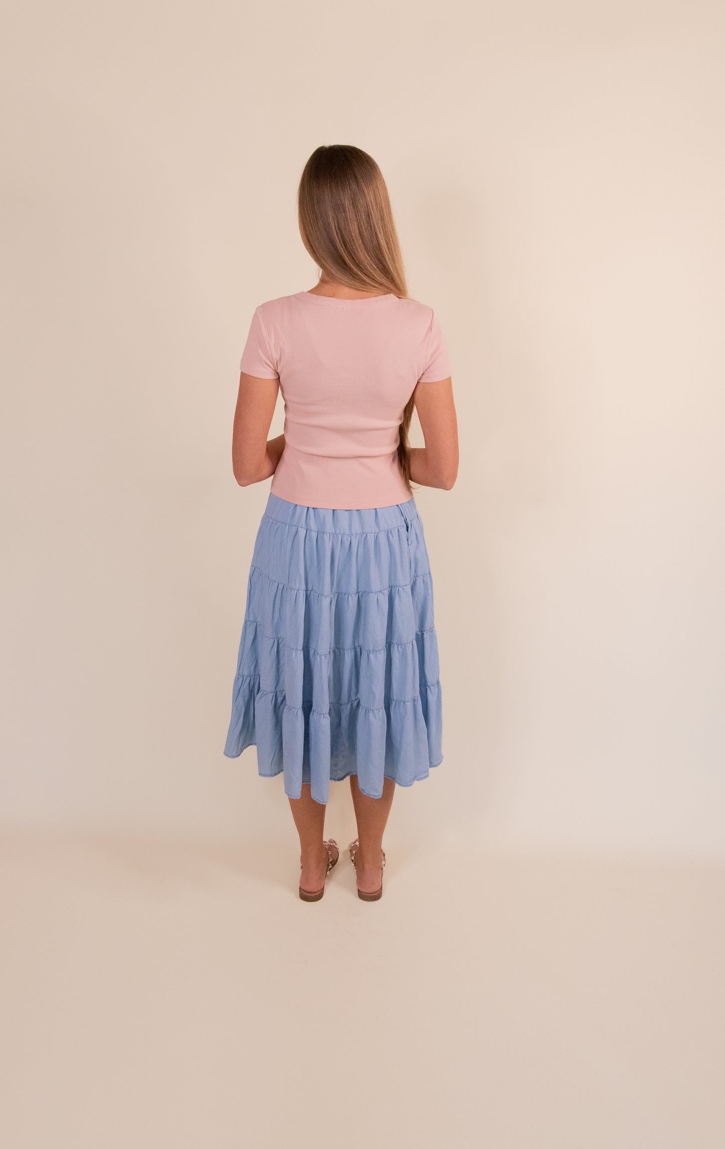 The Kenna Tiered Midi Skirt in Light Denim