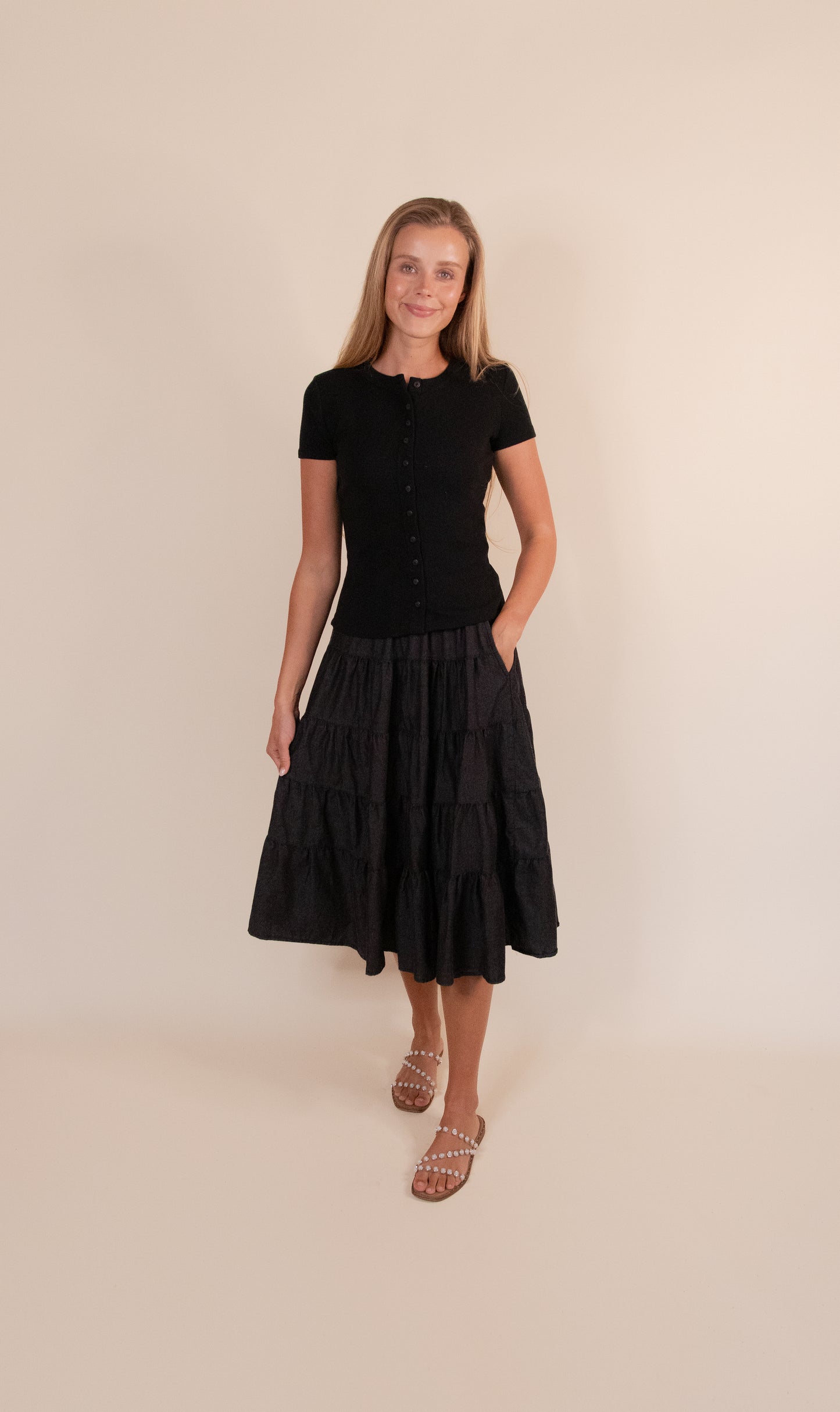 The Kenna Tiered Midi Skirt in Washed Black Denim