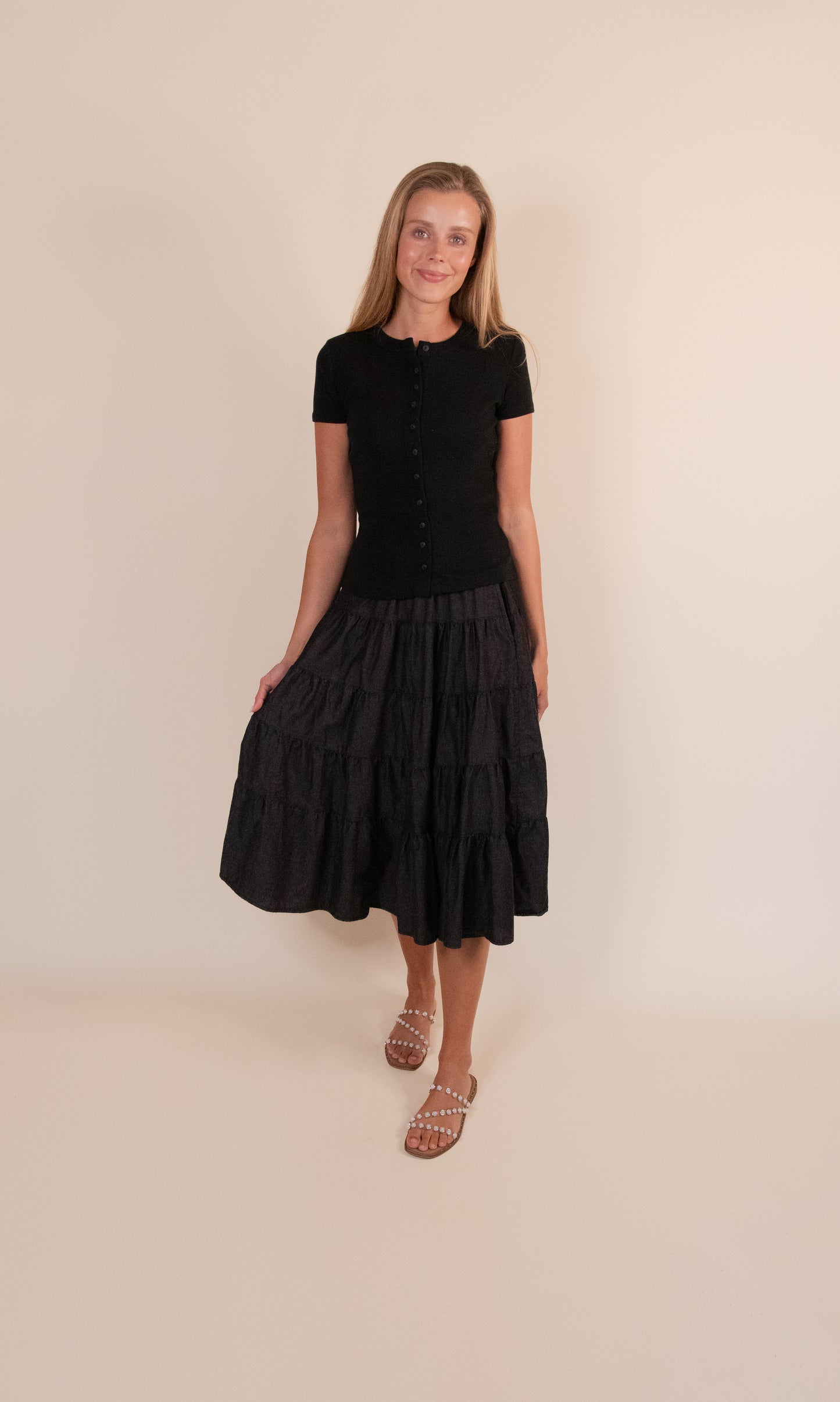 The Kenna Tiered Midi Skirt in Washed Black Denim