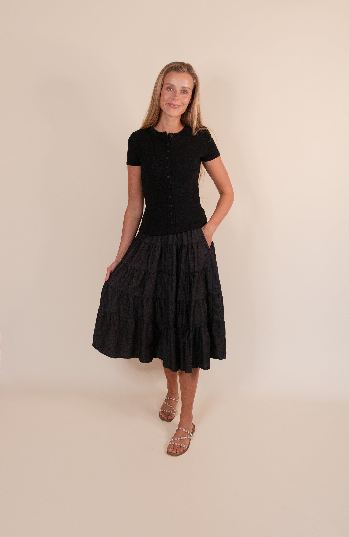 The Kenna Tiered Midi Skirt in Washed Black Denim