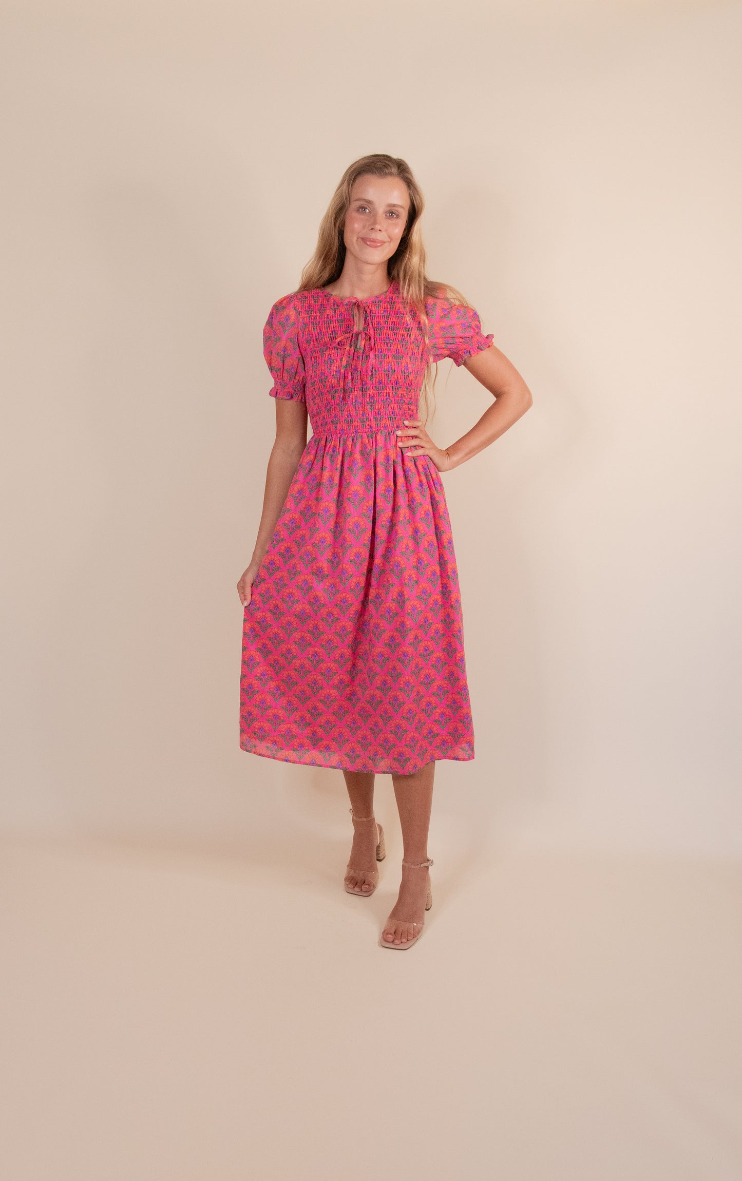 The Sienna Smocked Dress in Pink Floral