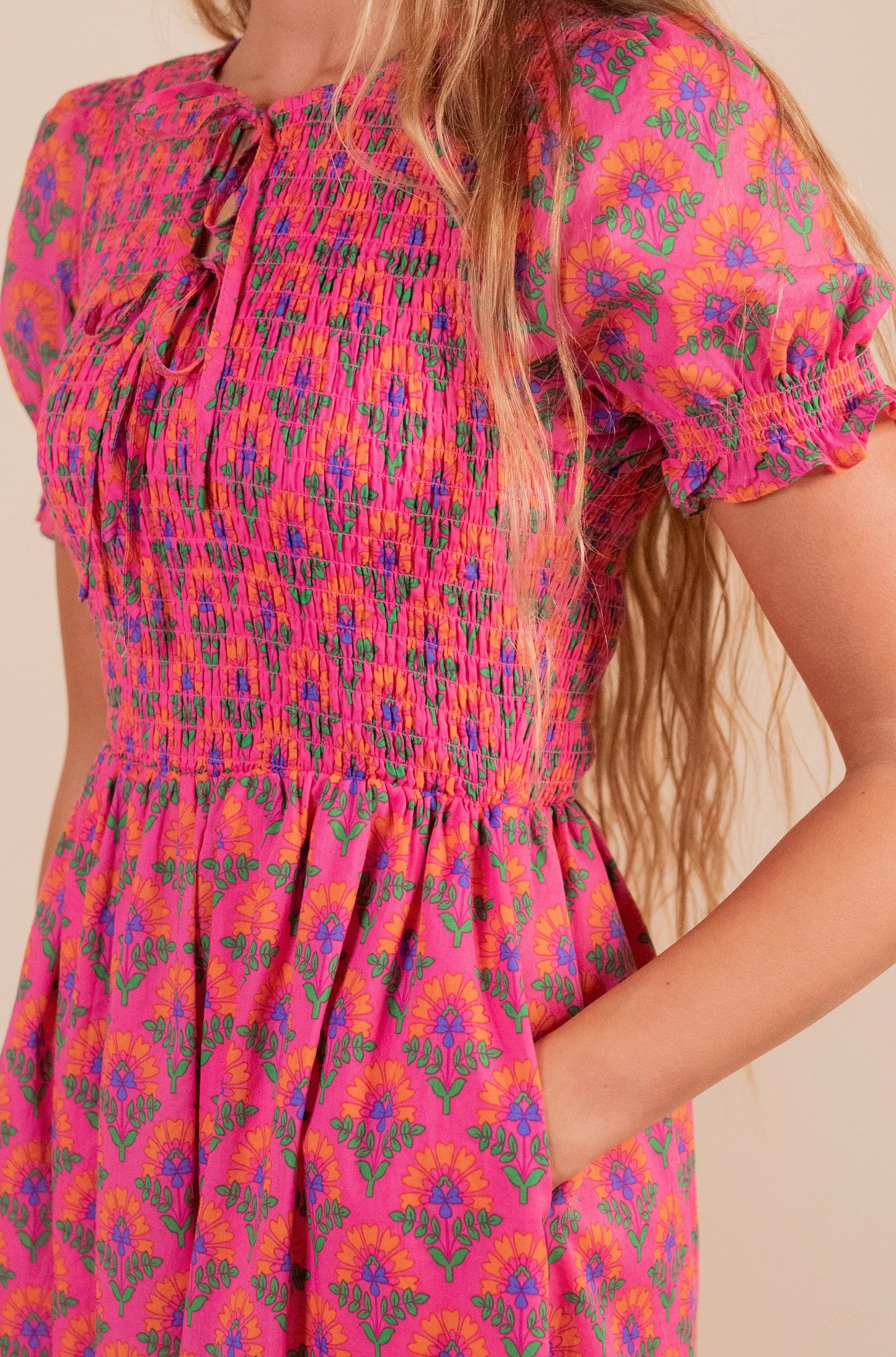 The Sienna Smocked Dress in Pink Floral