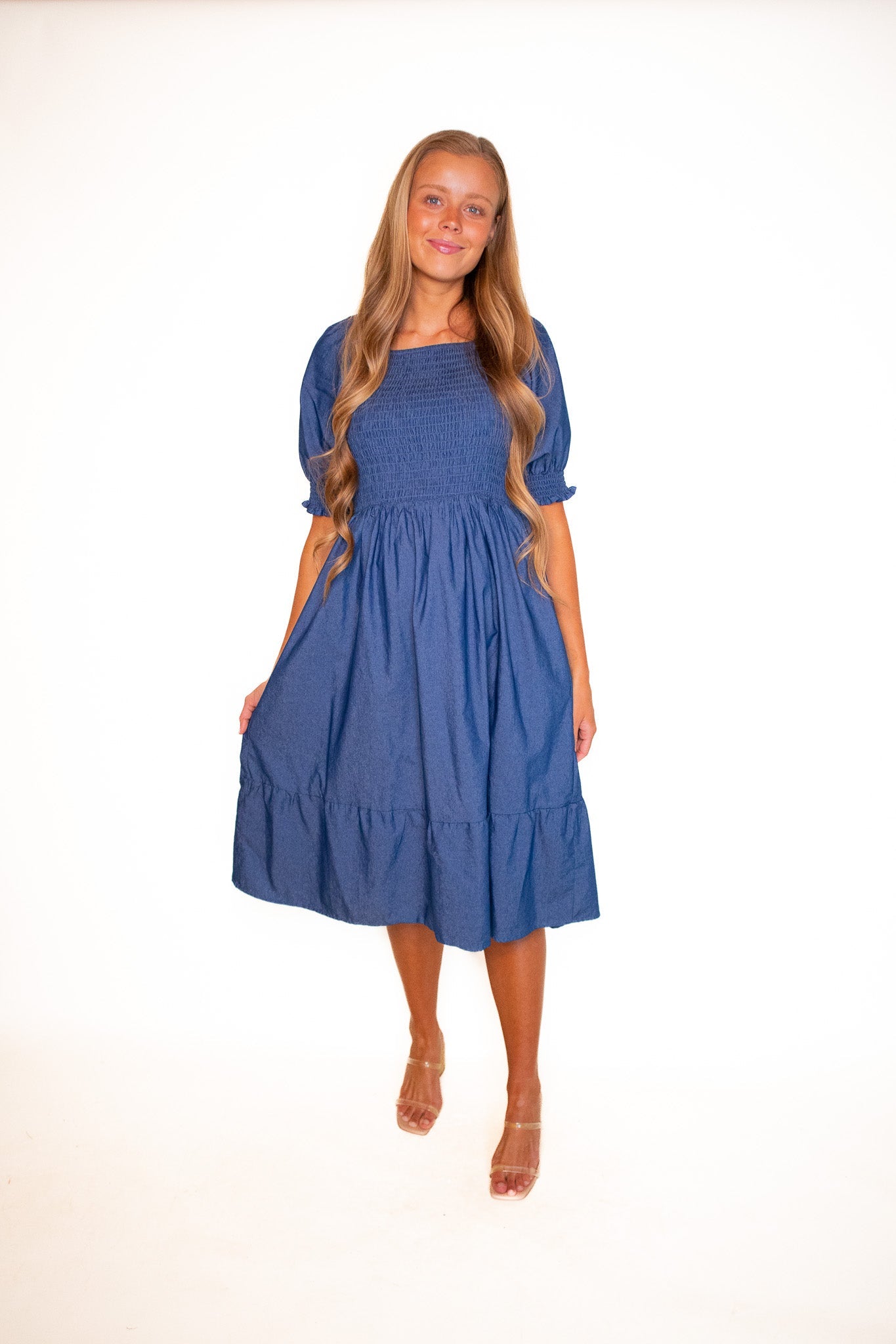 RESTOCKED - The Lauren Smocked Denim Dress