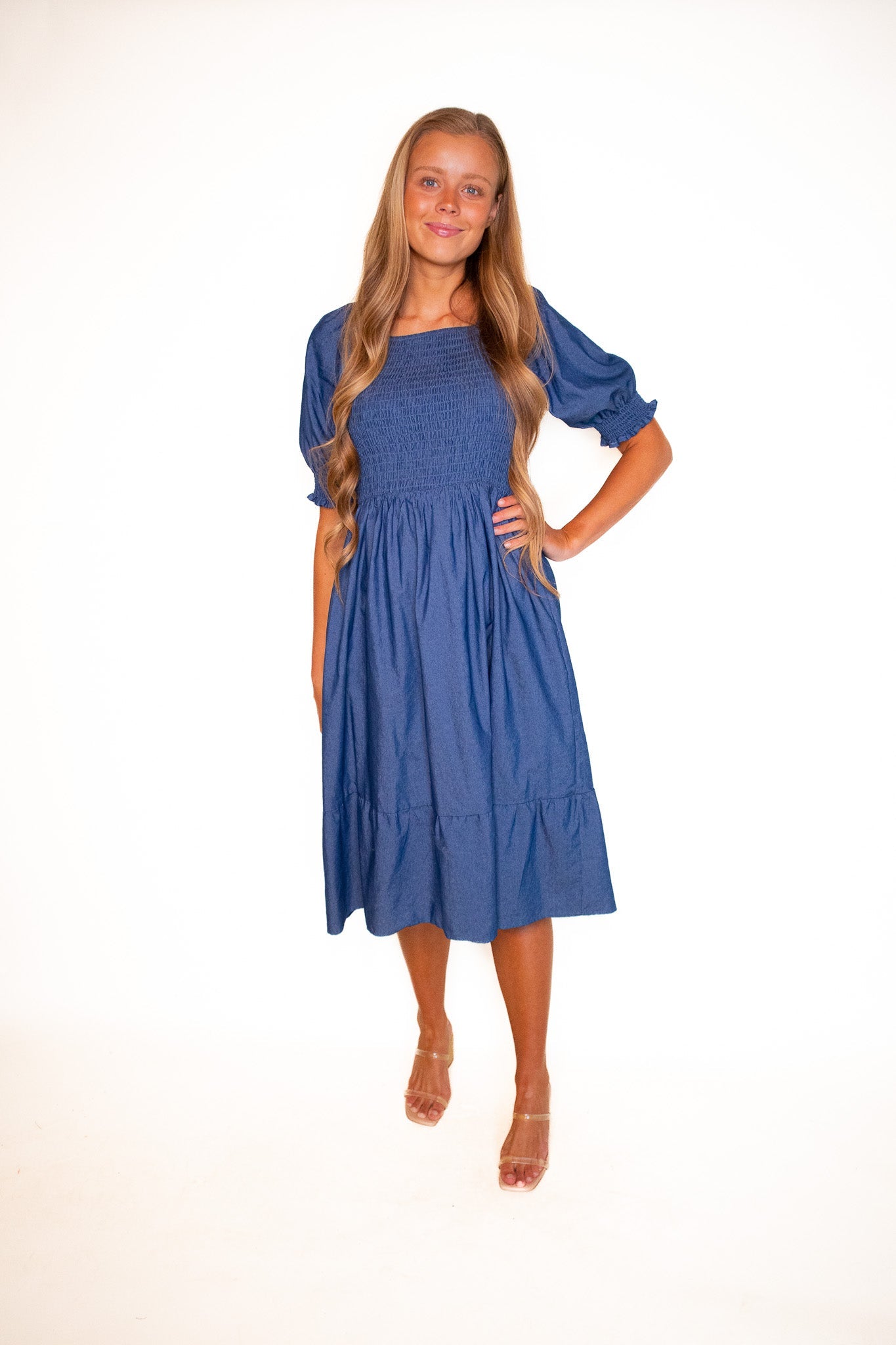 RESTOCKED - The Lauren Smocked Denim Dress