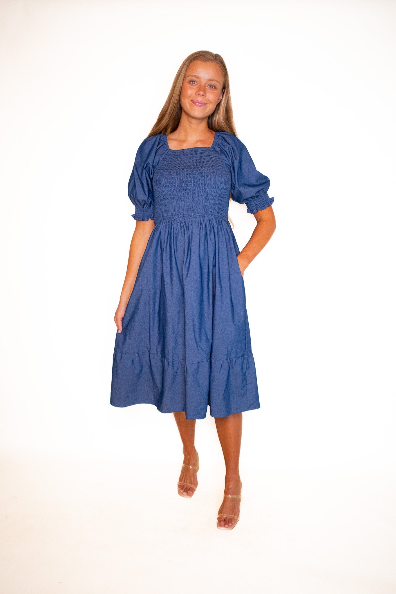 RESTOCKED - The Lauren Smocked Denim Dress