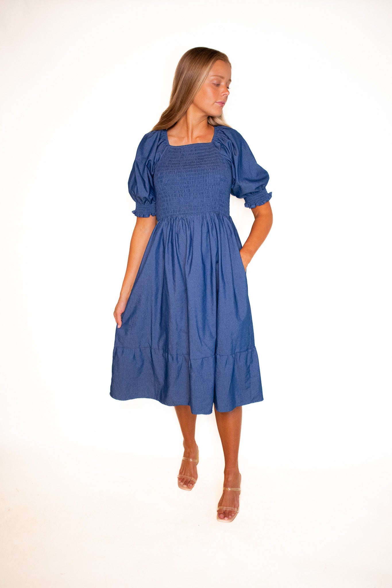 RESTOCKED - The Lauren Smocked Denim Dress