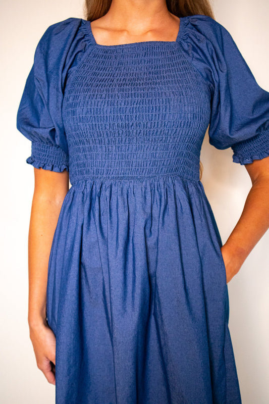 RESTOCKED - The Lauren Smocked Denim Dress