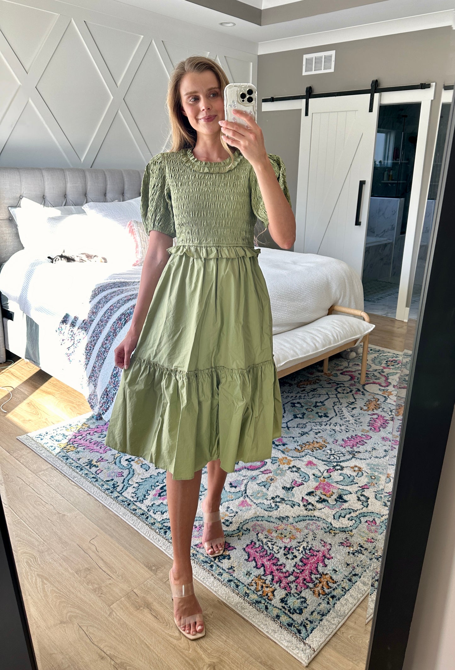 The Eliana Smocked Poplin Dress in Olive