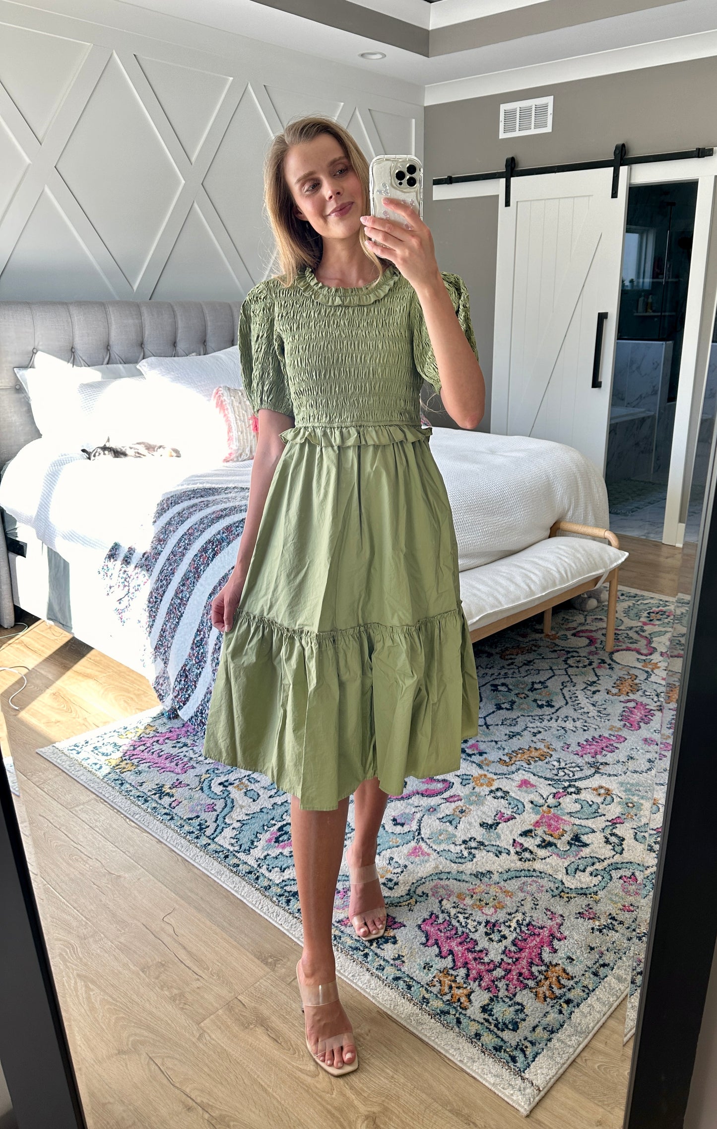 The Eliana Smocked Poplin Dress in Olive