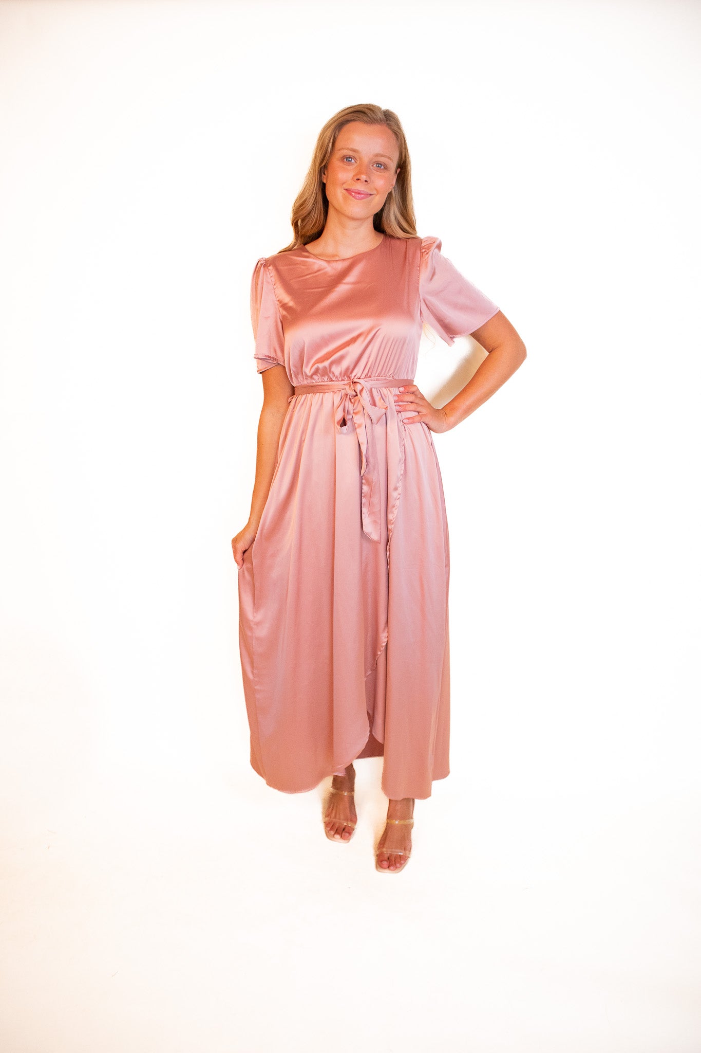 The Bridget Satin Dress in Rose