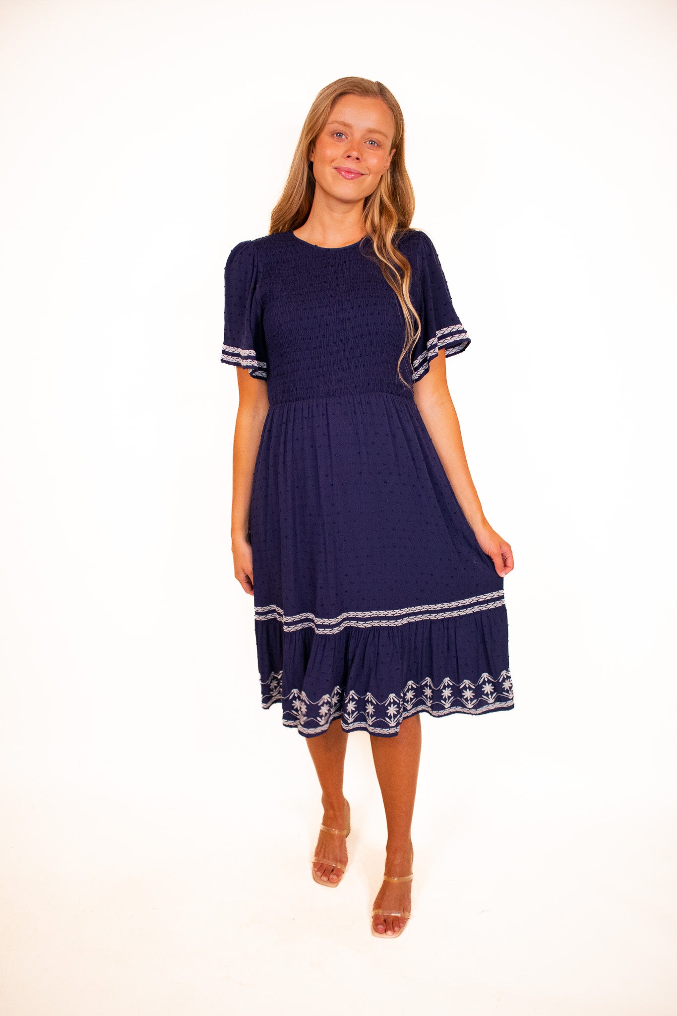 The Jessa Embroidered Midi in Deep Blue