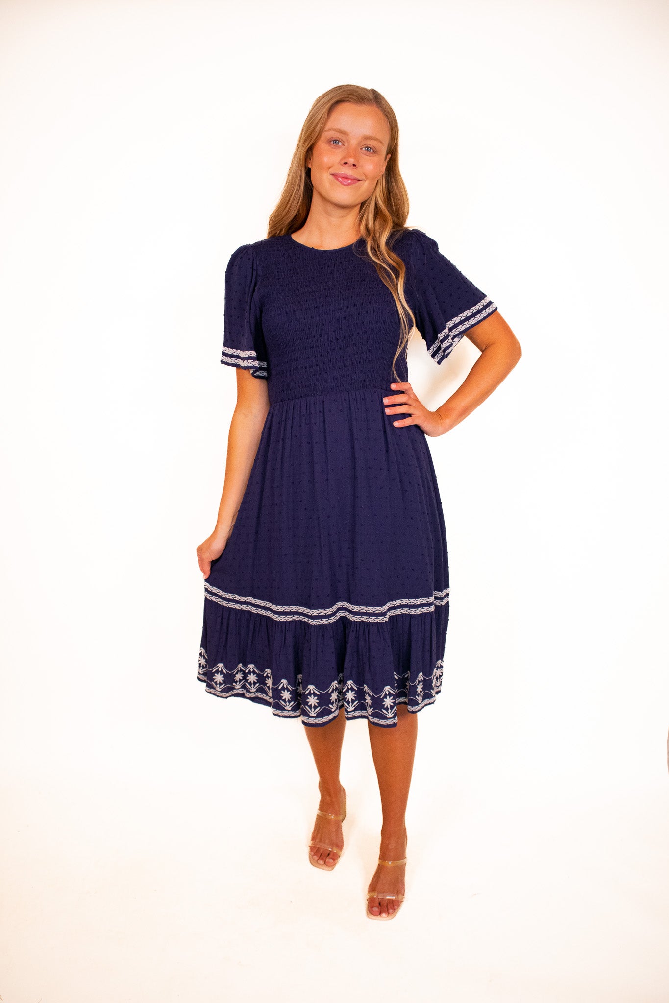 The Jessa Embroidered Midi in Deep Blue