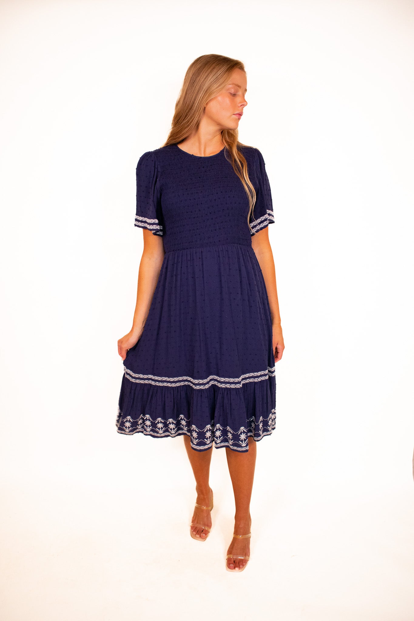 The Jessa Embroidered Midi in Deep Blue