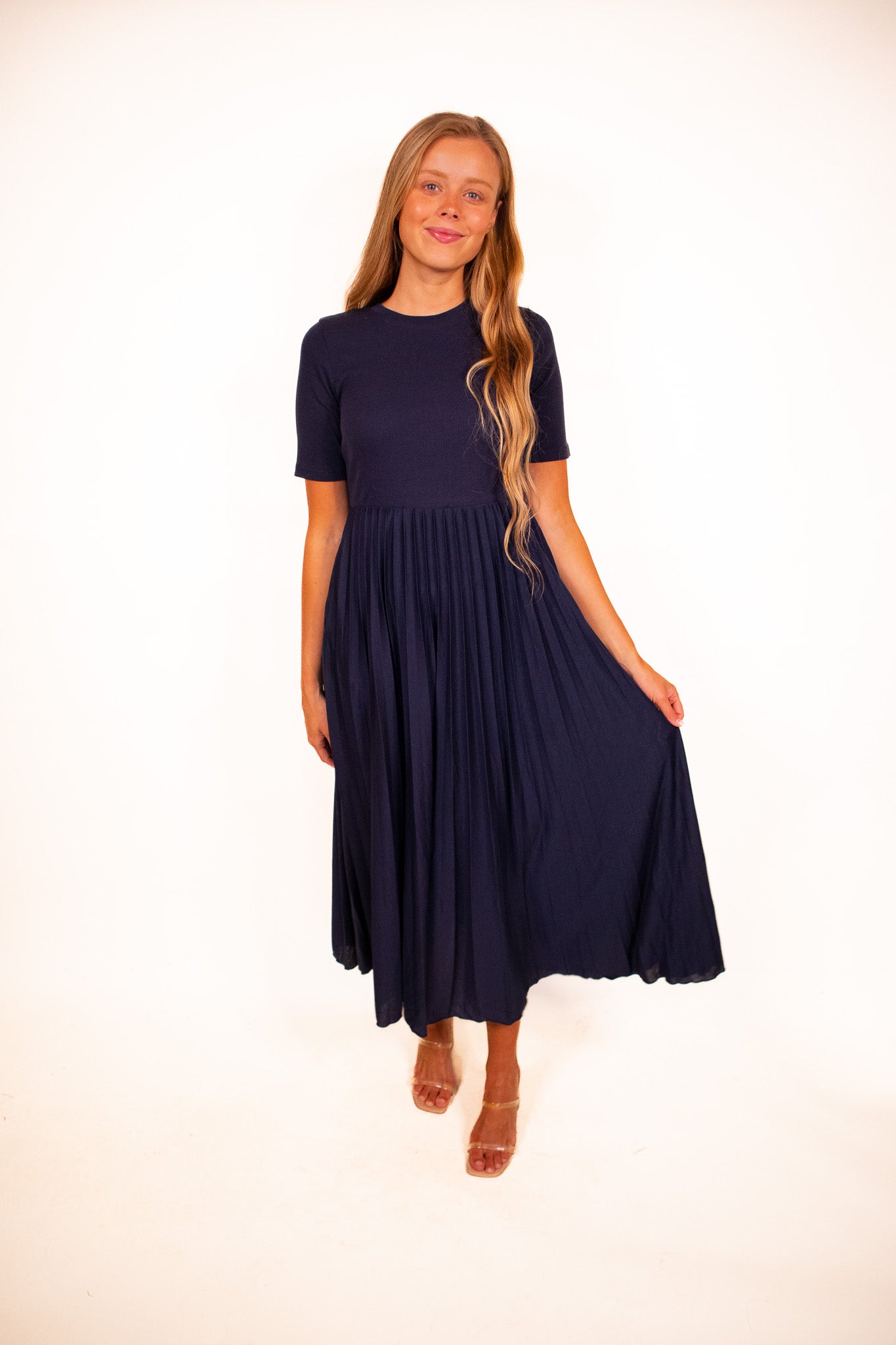 The Lucy Pleated Dress in Navy