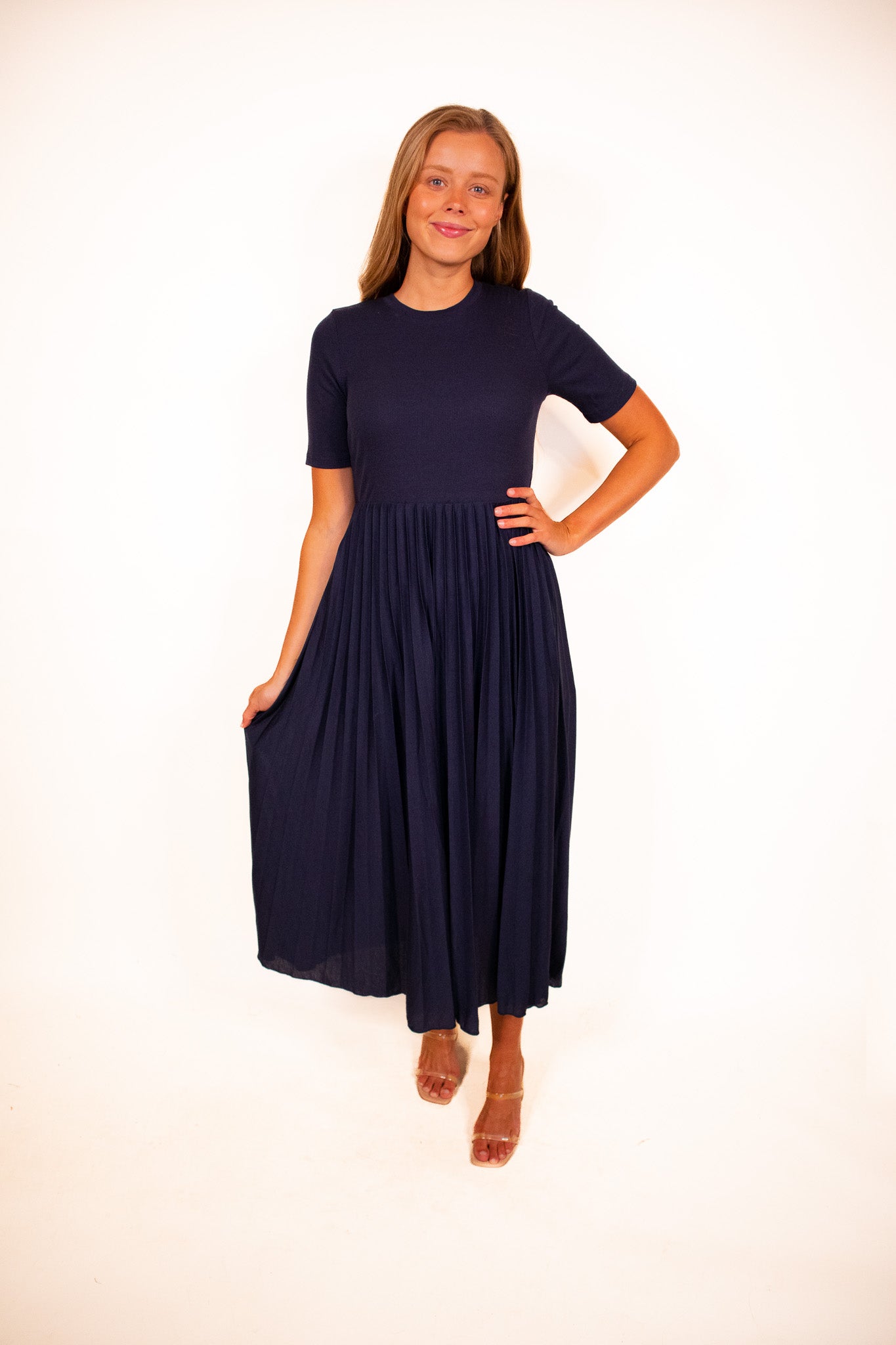 The Lucy Pleated Dress in Navy