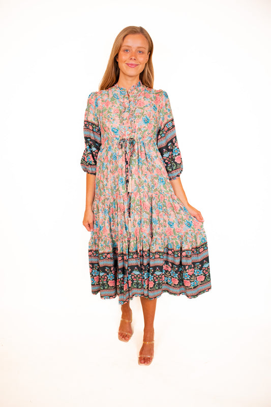 The Hazel Boho Dress in Teal Floral