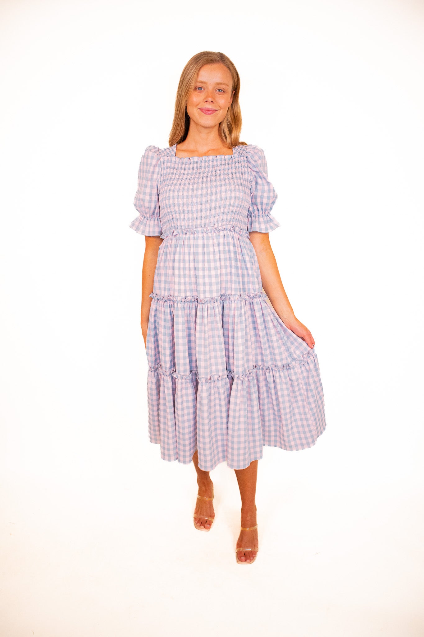 The Lexi Smocked Midi in Cotton Candy Gingham