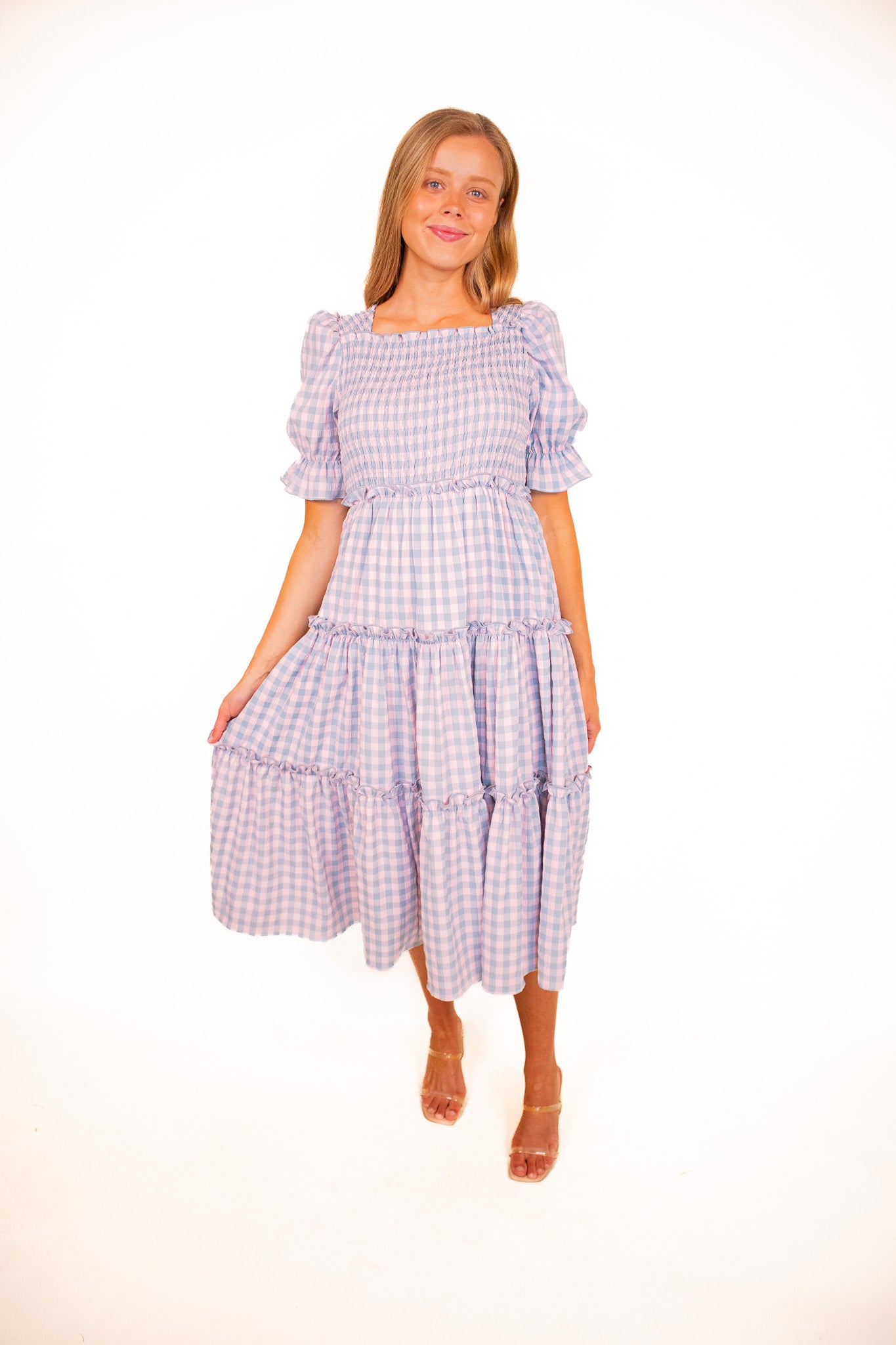 The Lexi Smocked Midi in Cotton Candy Gingham