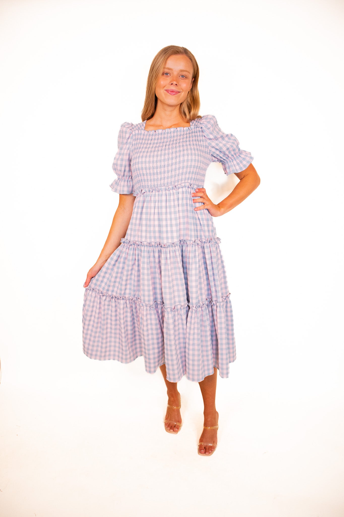 The Lexi Smocked Midi in Cotton Candy Gingham