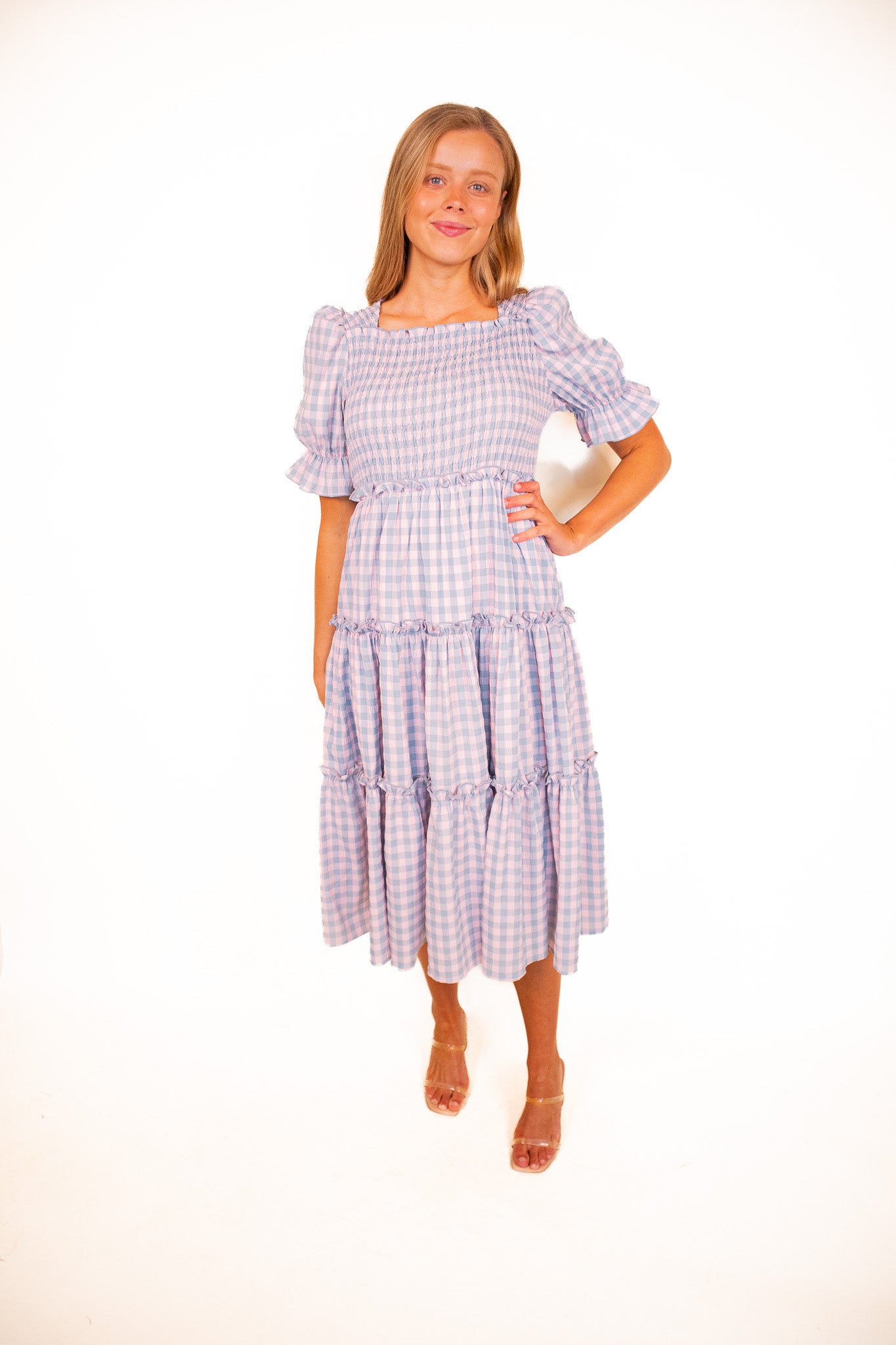 The Lexi Smocked Midi in Cotton Candy Gingham