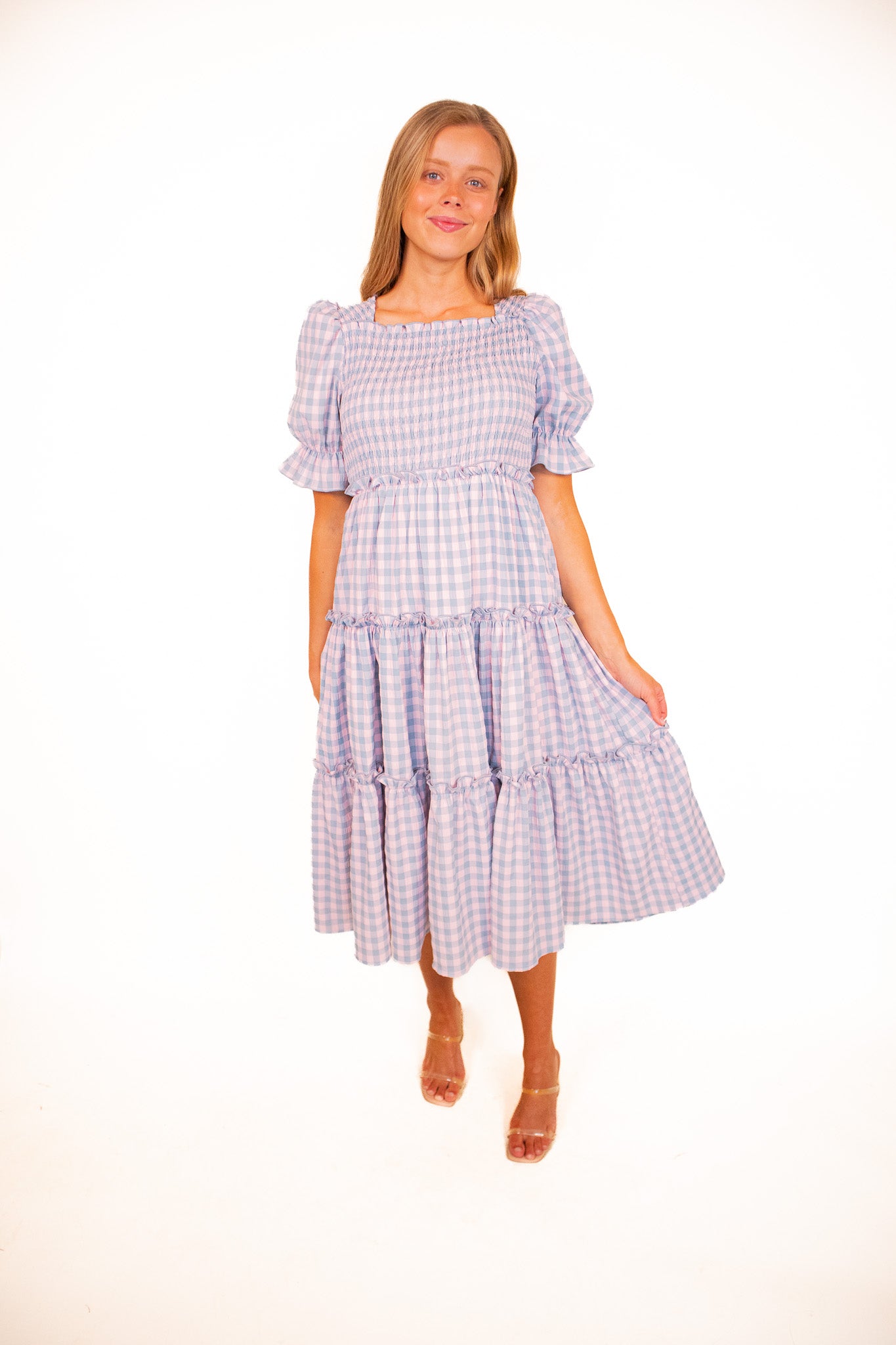 The Lexi Smocked Midi in Cotton Candy Gingham