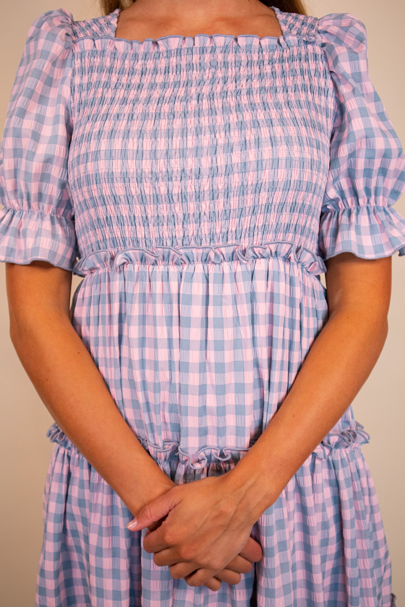 The Lexi Smocked Midi in Cotton Candy Gingham