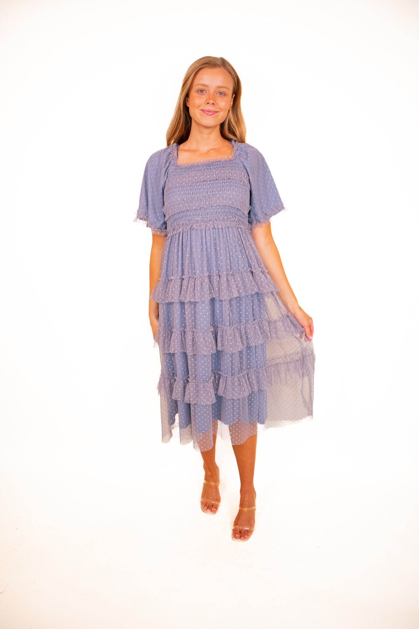 The Harper Smocked Tulle Dress in Dusty Blue