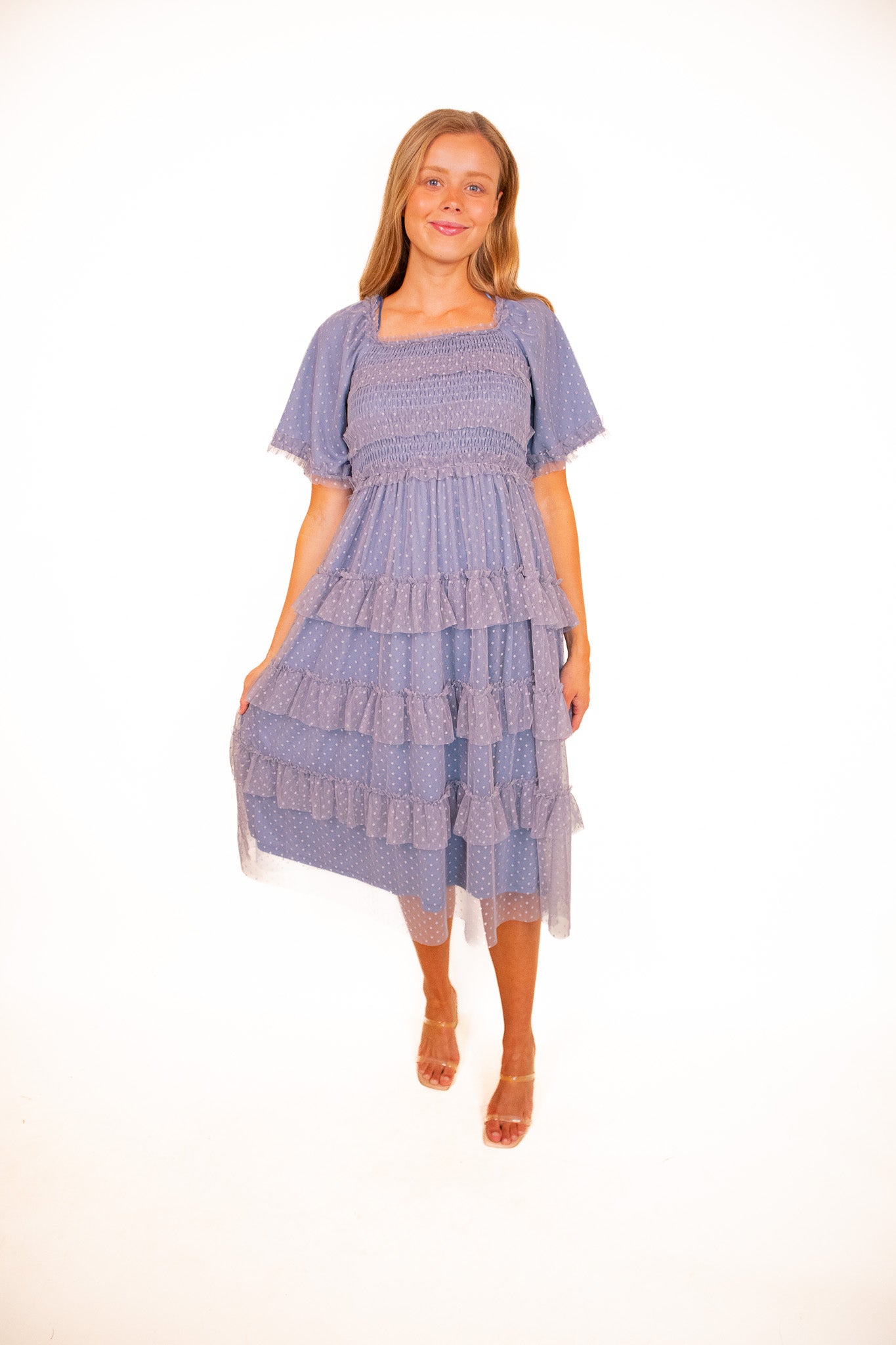 The Harper Smocked Tulle Dress in Dusty Blue