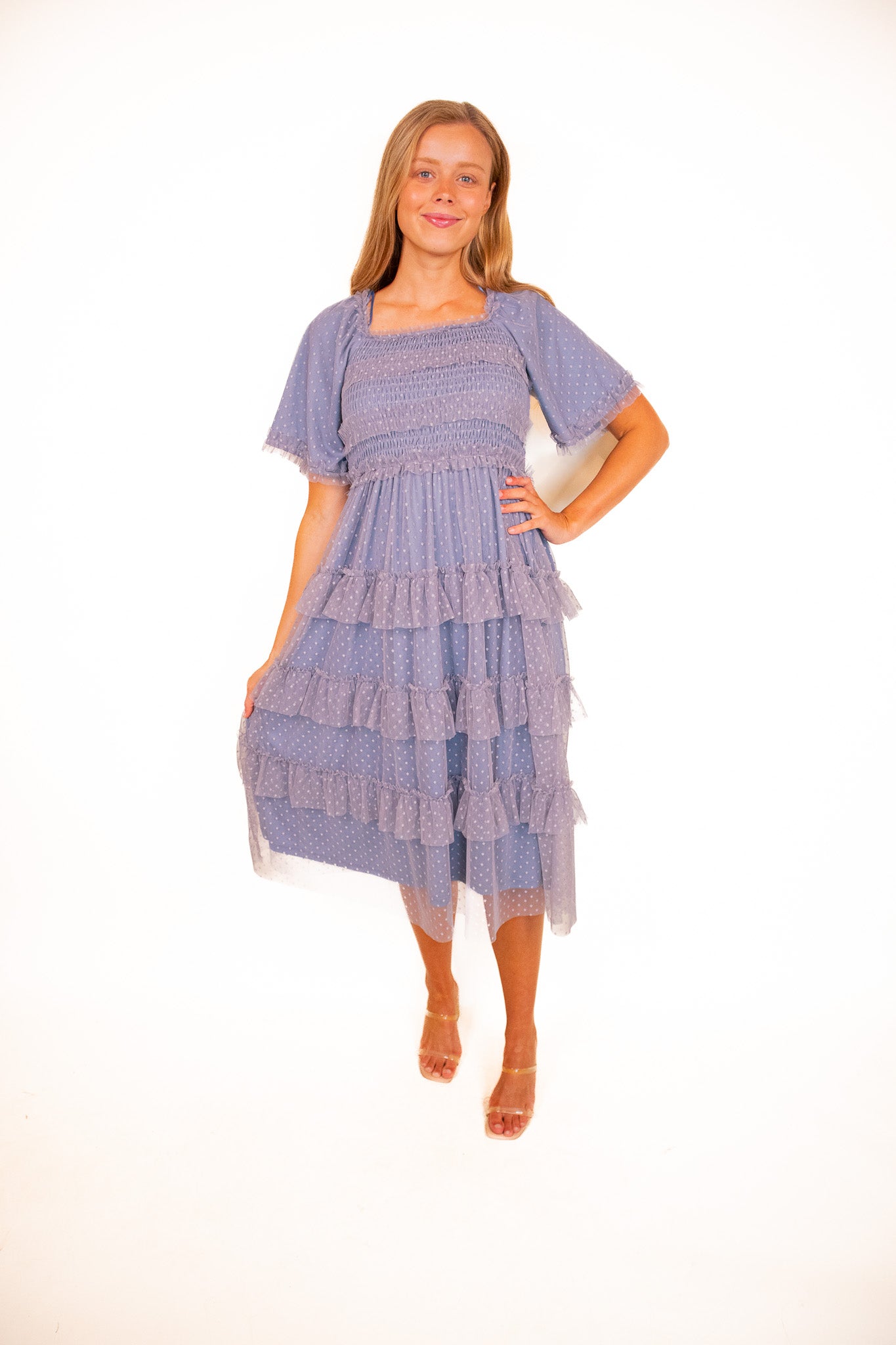 The Harper Smocked Tulle Dress in Dusty Blue