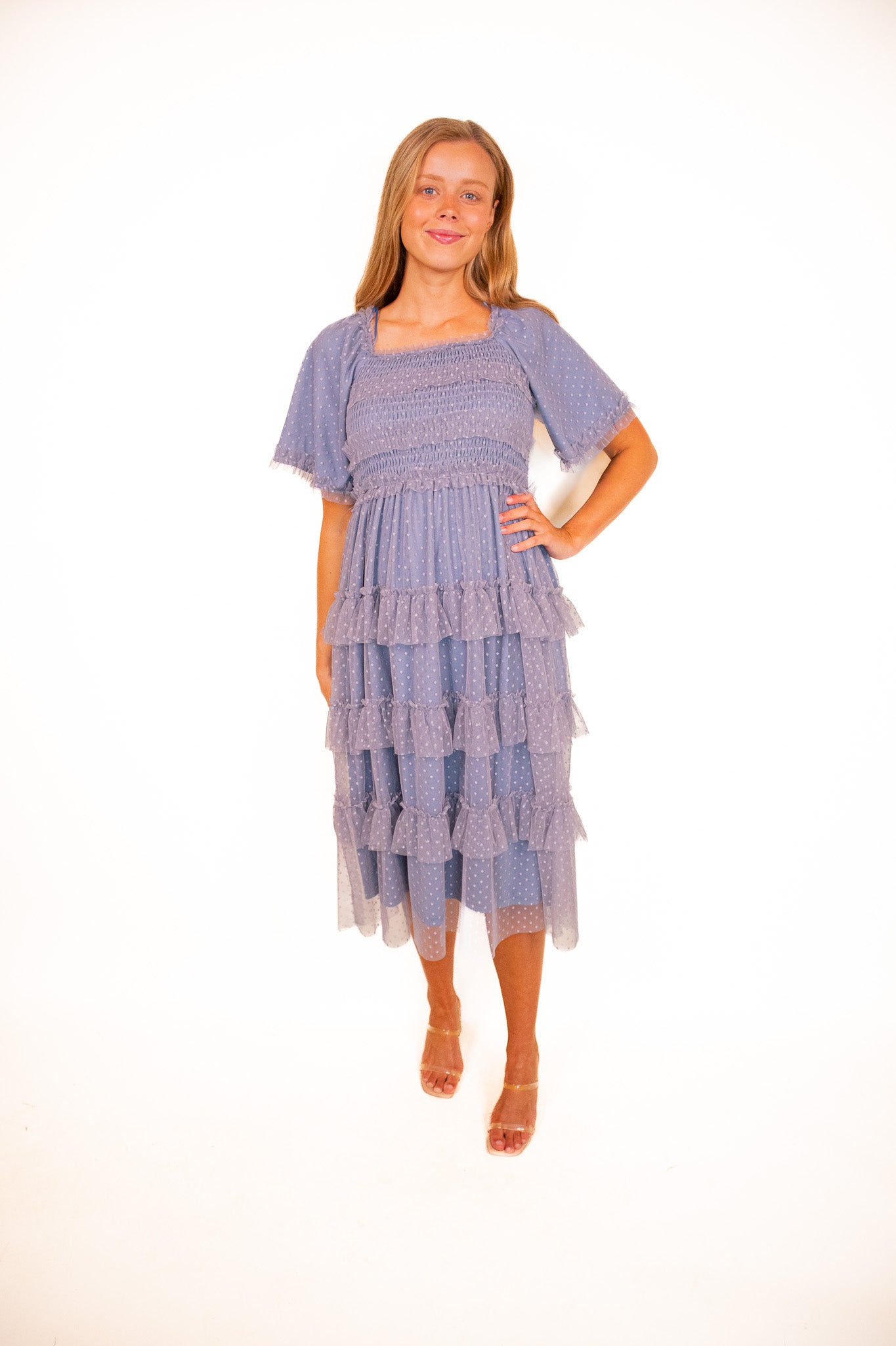 The Harper Smocked Tulle Dress in Dusty Blue