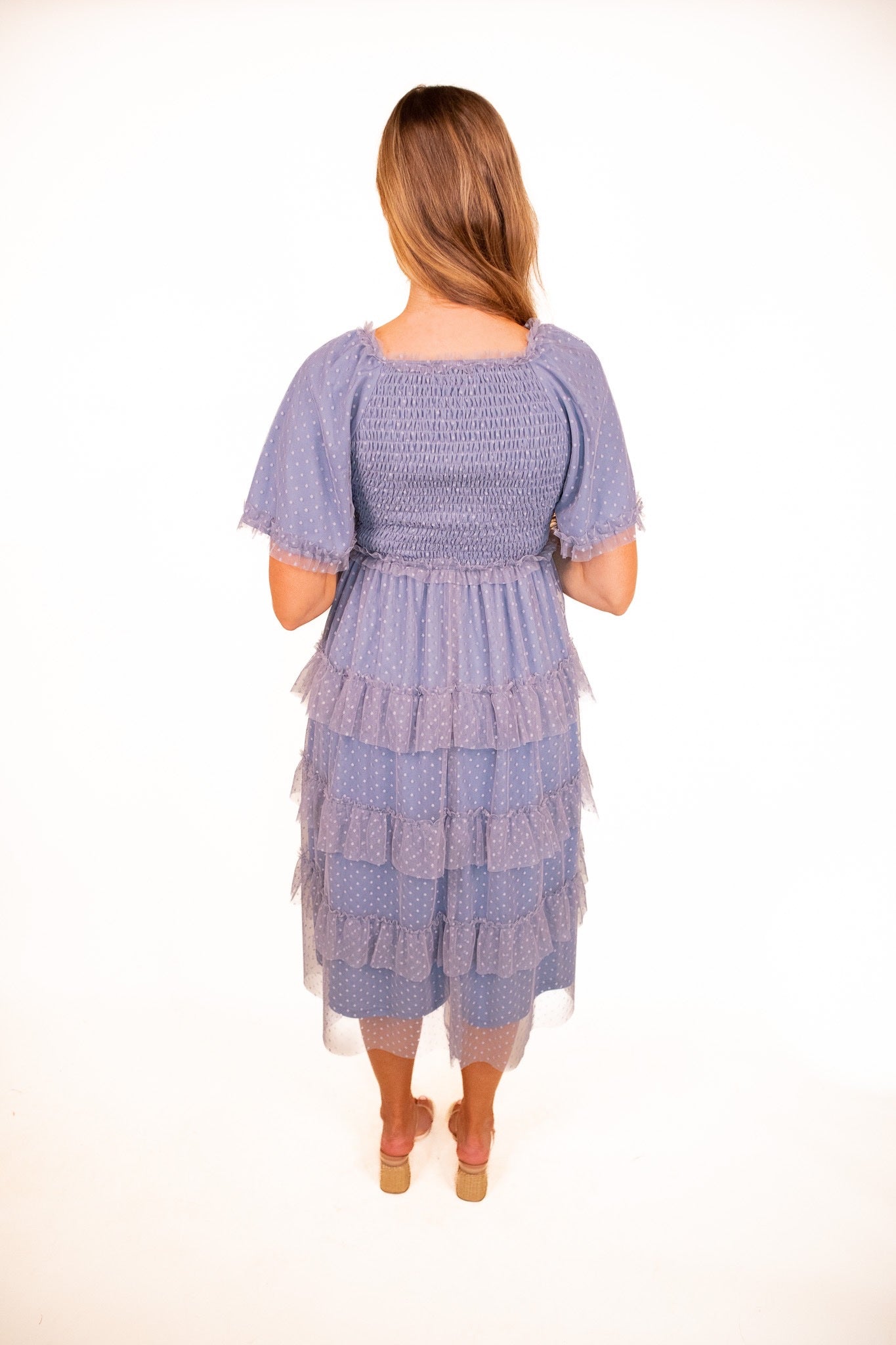 The Harper Smocked Tulle Dress in Dusty Blue