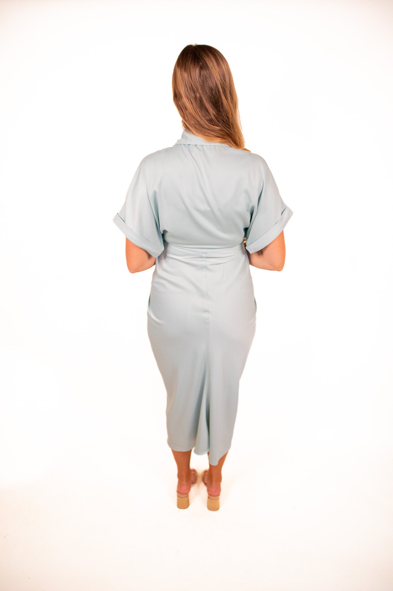 The Serena Short Sleeve Midi in Mint Satin